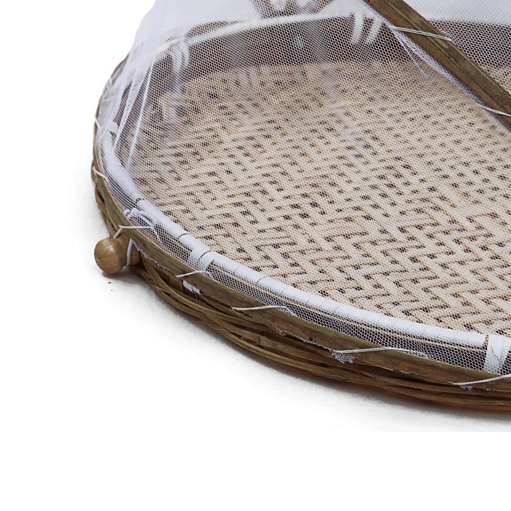 Covered Bamboo Serving Food Tent Basket Hand Woven Round Food Basket with Mesh Cover - Image 5
