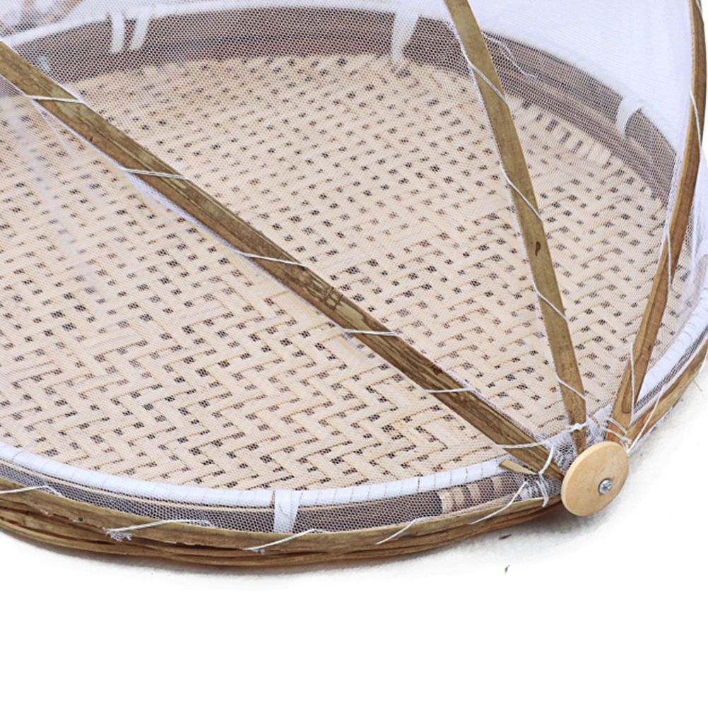 Covered Bamboo Serving Food Tent Basket Hand Woven Round Food Basket with Mesh Cover - Image 6