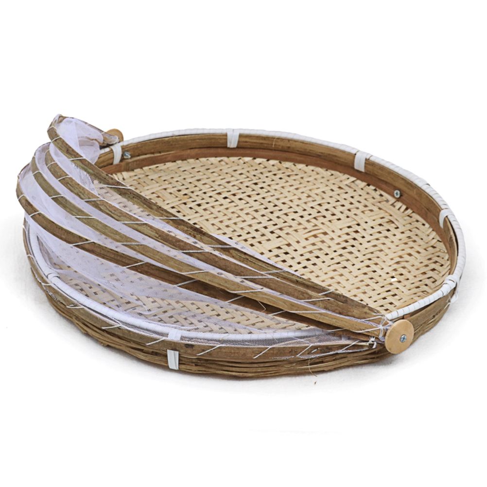 Covered Bamboo Serving Food Tent Basket Hand Woven Round Food Basket with Mesh Cover - Image 8