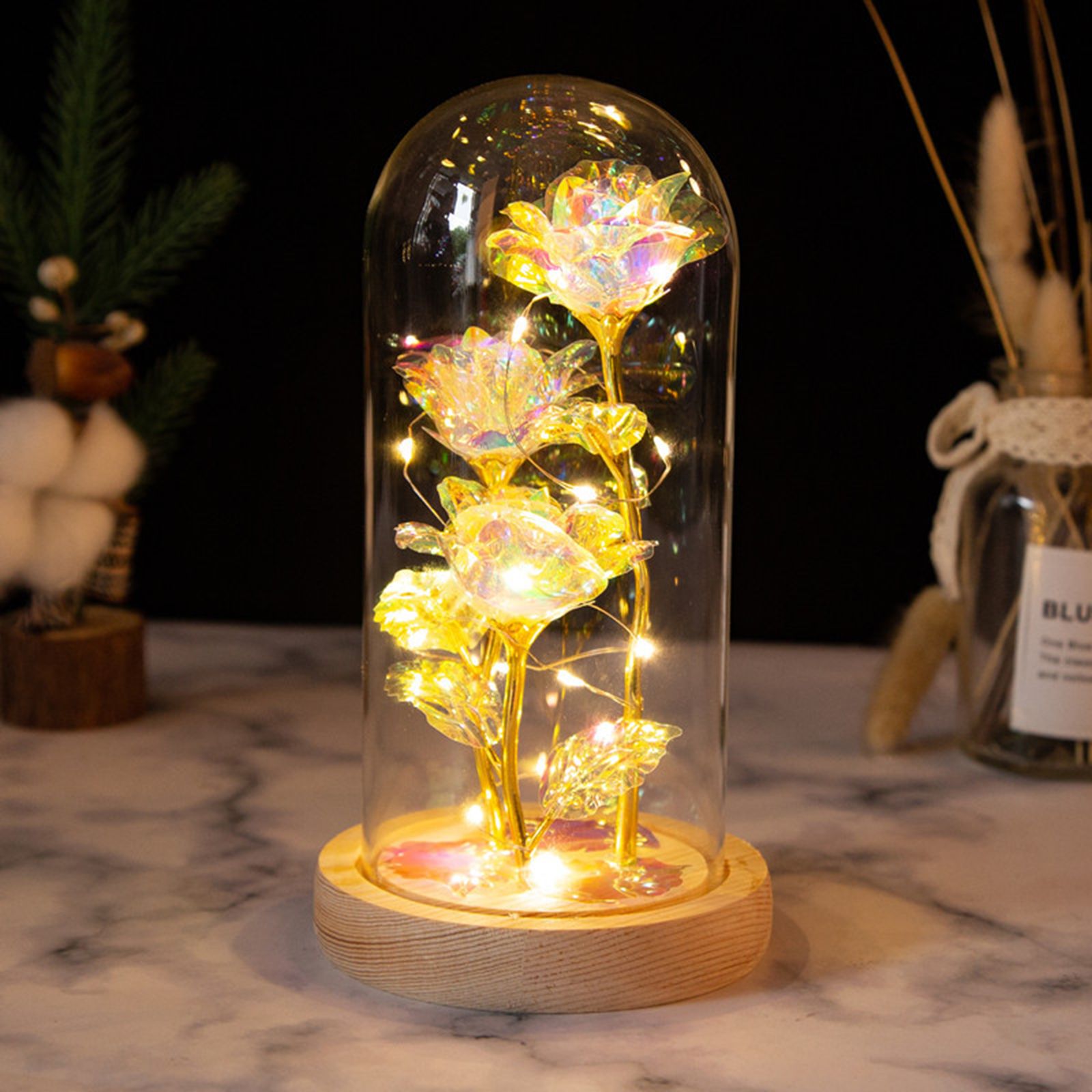 LED Rose Light Rose in Glass on Wooden Base Artificial Rose Flower Light Preserved Rose with LED Light - Image 6