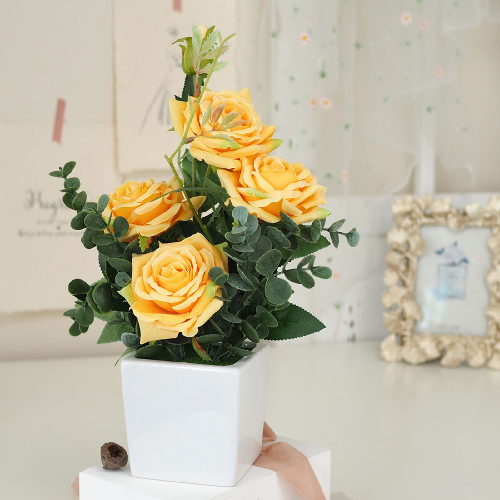 Rose Potted Plant Simulation Flowers Ceramic Small Bonsai Artificial Rose Potted - Image 2