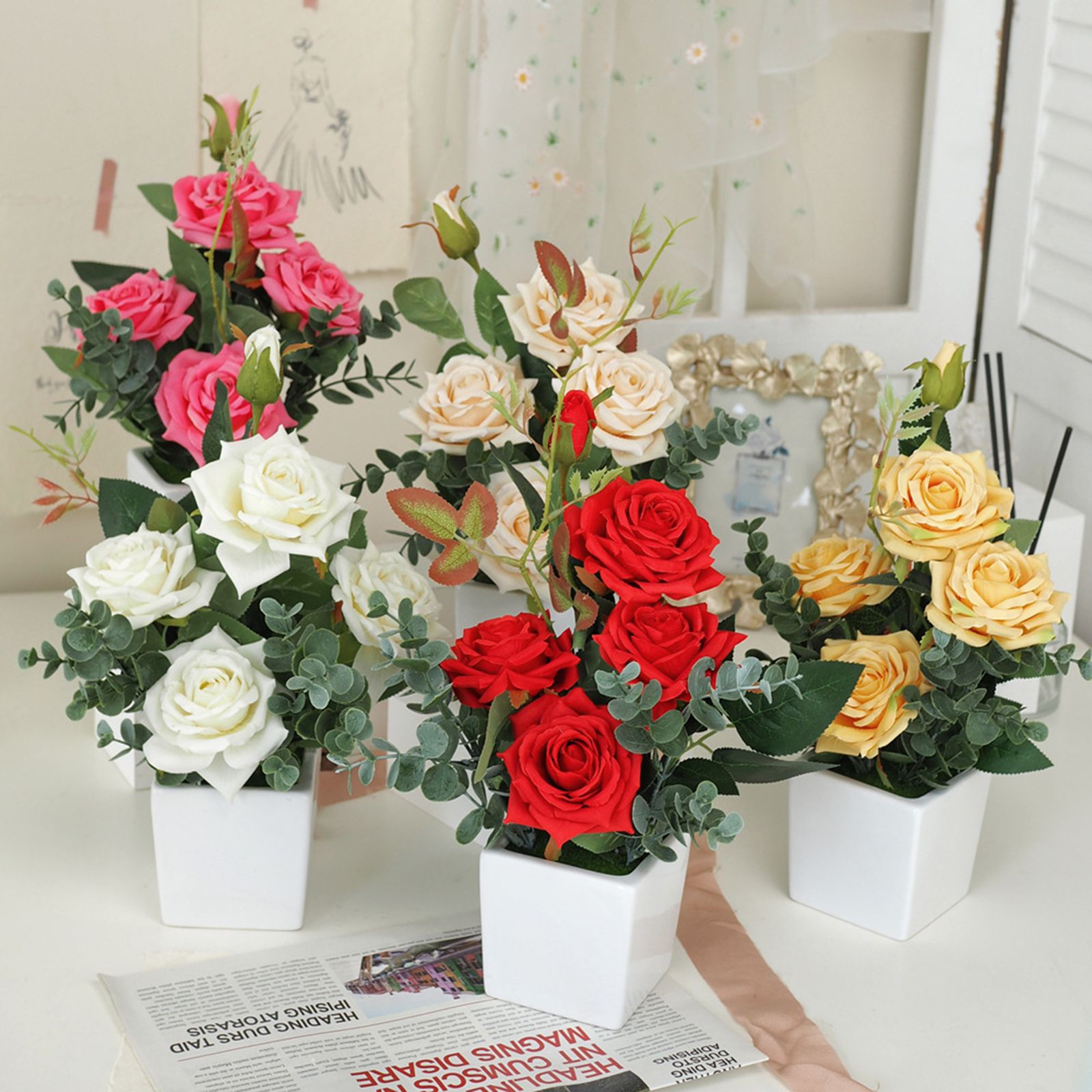 Rose Potted Plant Simulation Flowers Ceramic Small Bonsai Artificial Rose Potted - Image 4
