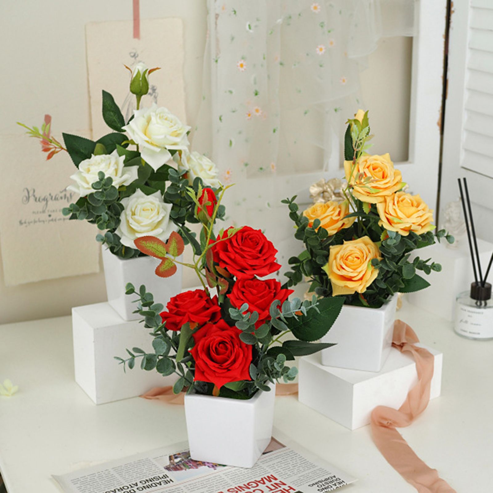 Rose Potted Plant Simulation Flowers Ceramic Small Bonsai Artificial Rose Potted - Image 5