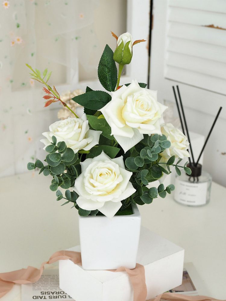 Rose Potted Plant Simulation Flowers Ceramic Small Bonsai Artificial Rose Potted - Image 8