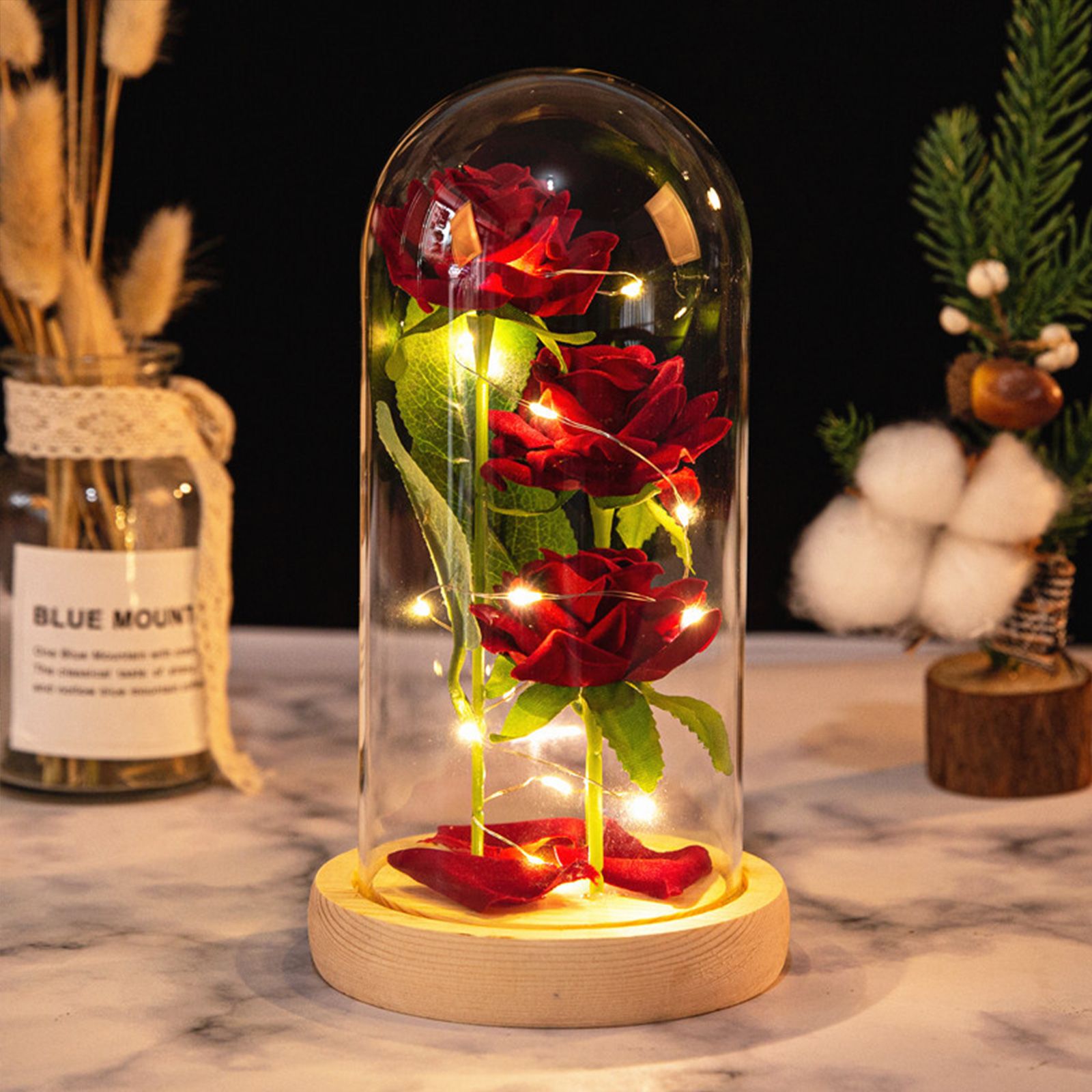 Glass Dome Rose Ornament LED Strip Light Blessing Romantic Glass Cover Artificial Flowers for Girlfriend - Image 7