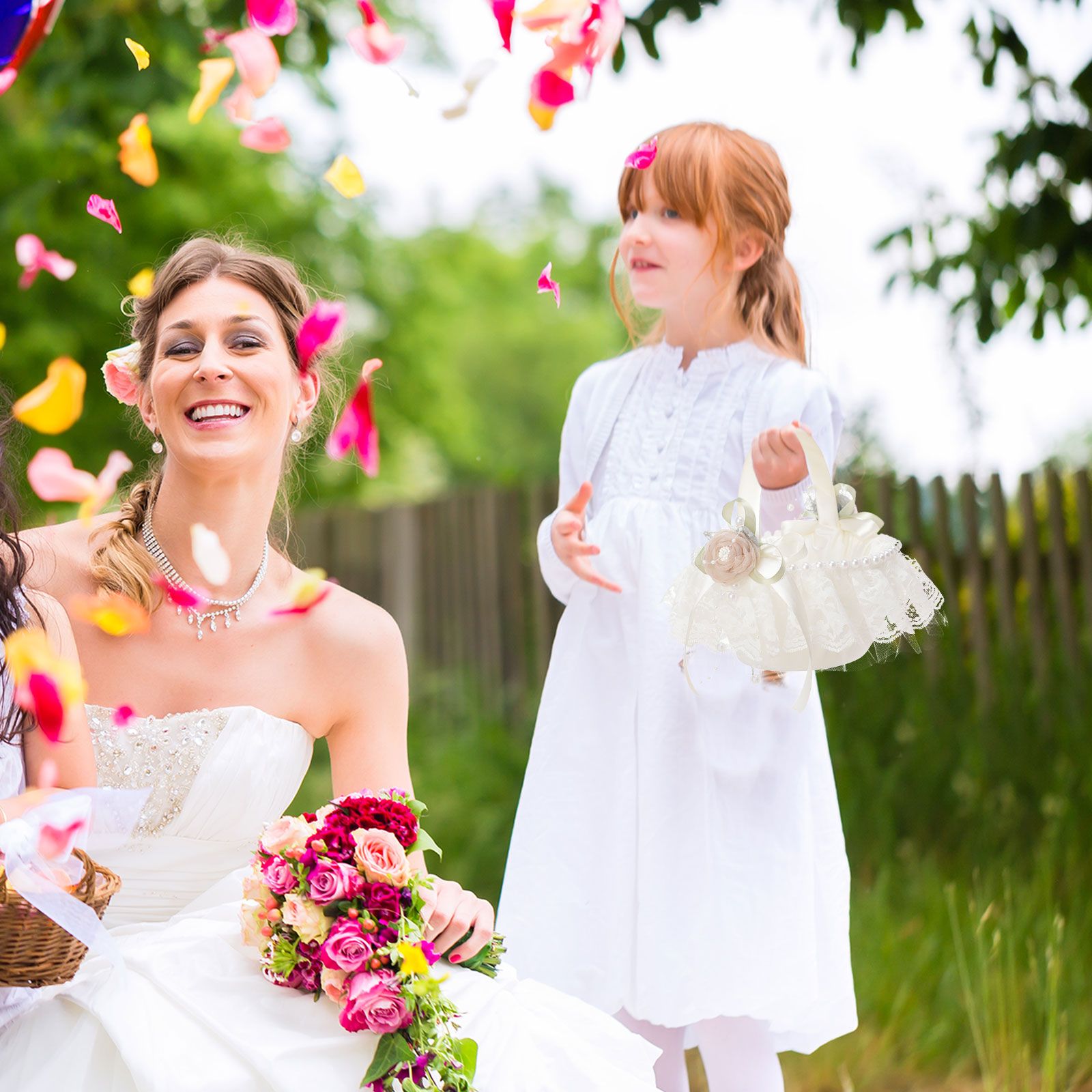 Wedding Basket Lace Simulation Flowers Handheld Flower Basket Decorative Flower Girl Basket for Wedding Party - Image 3