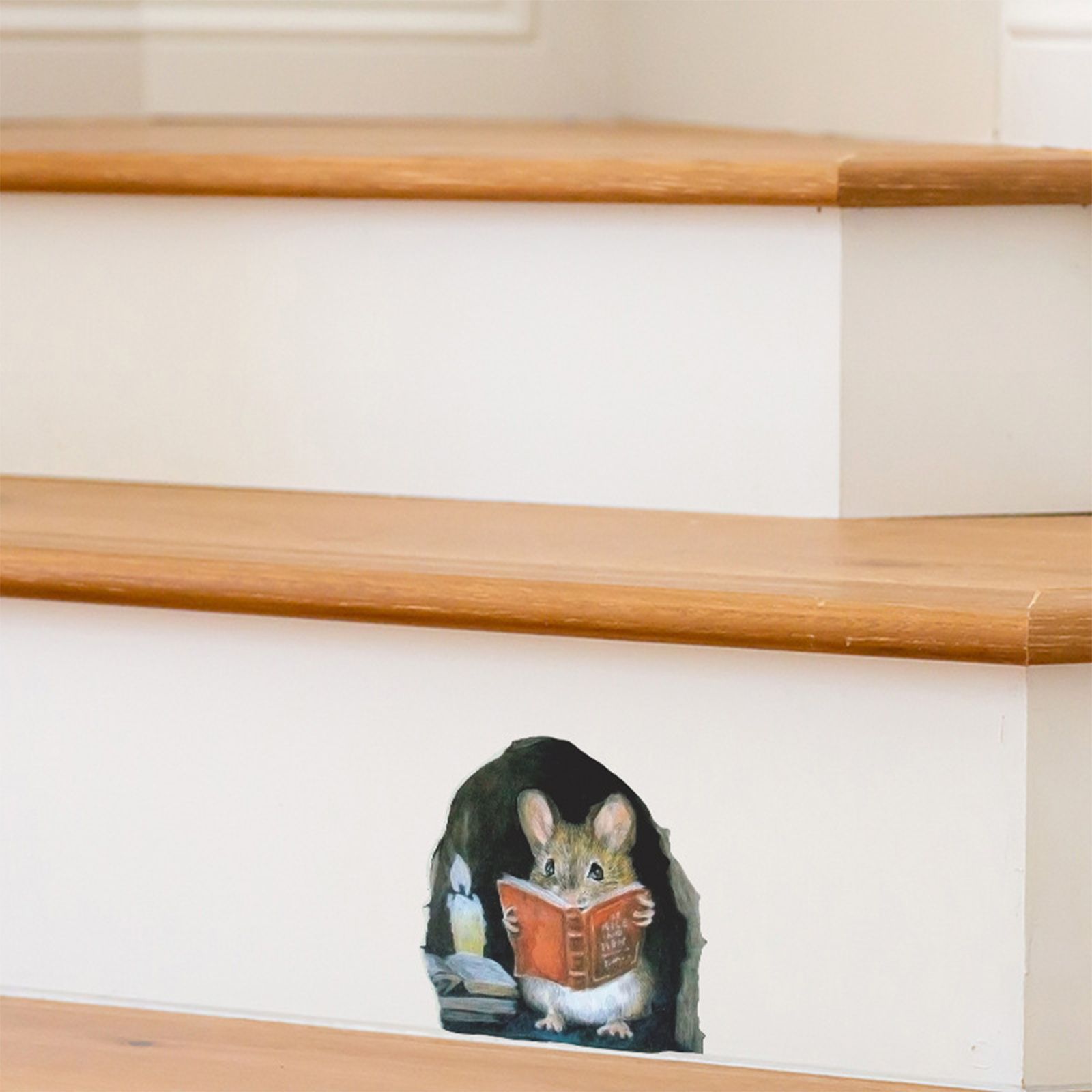 Cartoon Cute Candlelight Reading Mice Stick Mouse Hole Home Wall Decoration Wall Stickers - Image 3