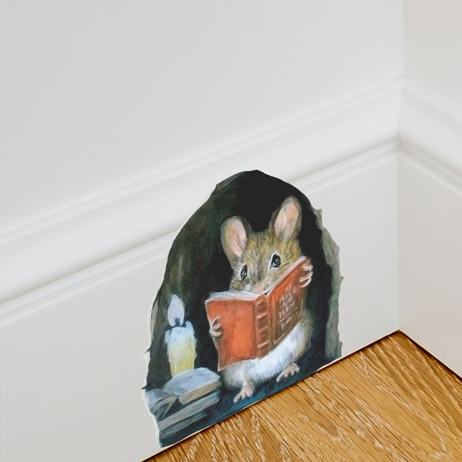 Cartoon Cute Candlelight Reading Mice Stick Mouse Hole Home Wall Decoration Wall Stickers - Image 6