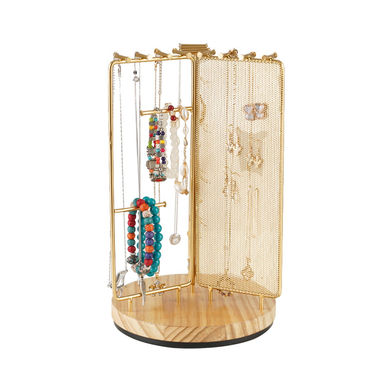 3 in 1 Jewelry Stand Display Multi Tiers Wooden Swivel Base Jewelry Display Holder for Necklace Gold - Image 1