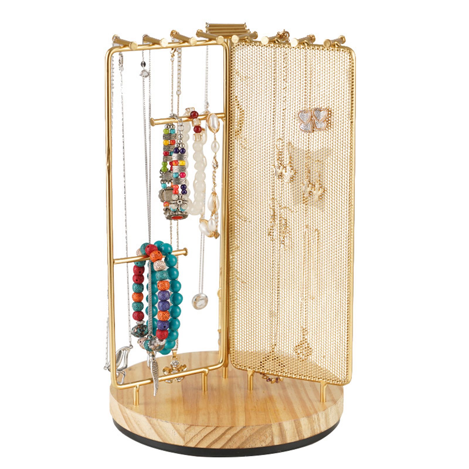 3 in 1 Jewelry Stand Display Multi Tiers Wooden Swivel Base Jewelry Display Holder for Necklace Gold - Image 2
