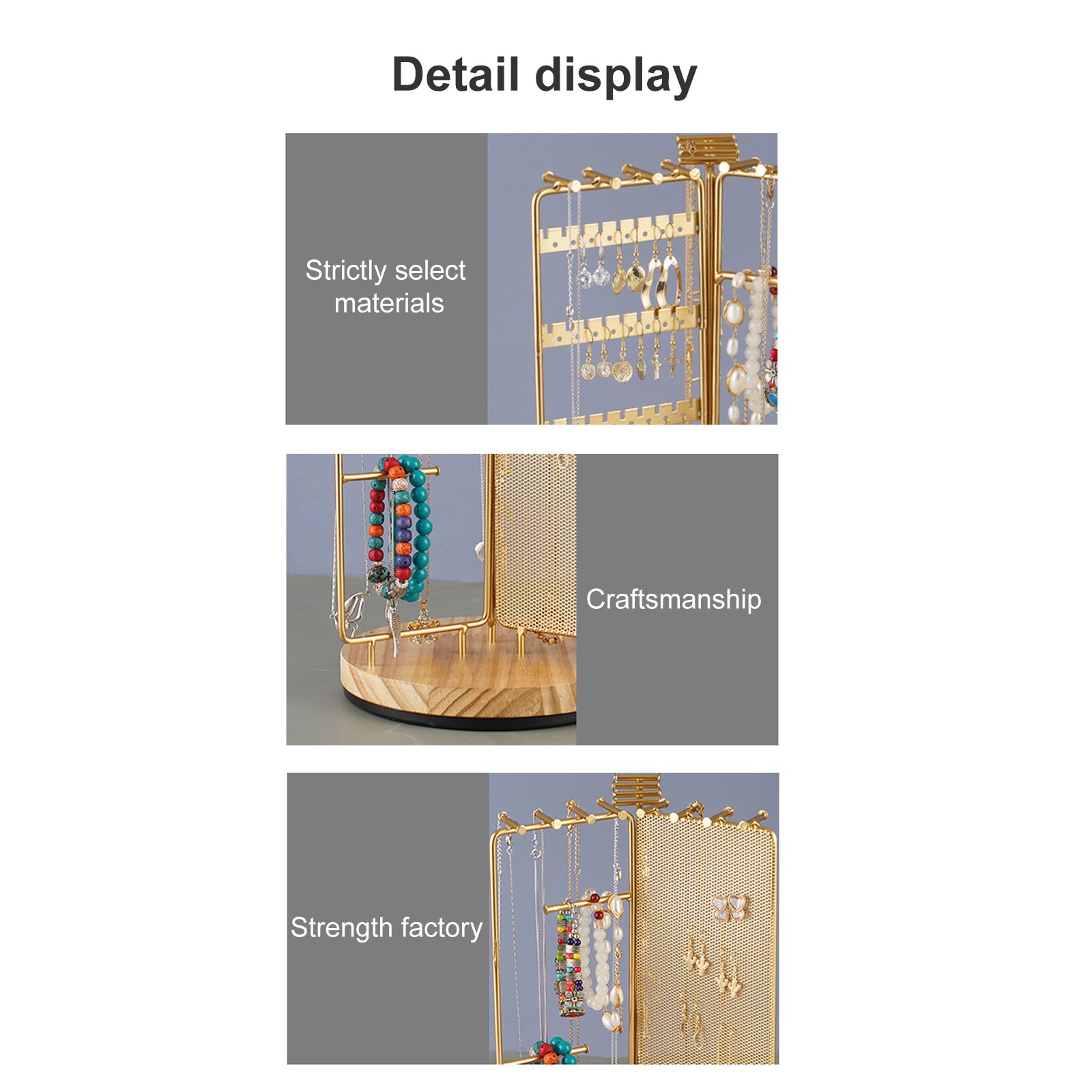 3 in 1 Jewelry Stand Display Multi Tiers Wooden Swivel Base Jewelry Display Holder for Necklace Gold - Image 3