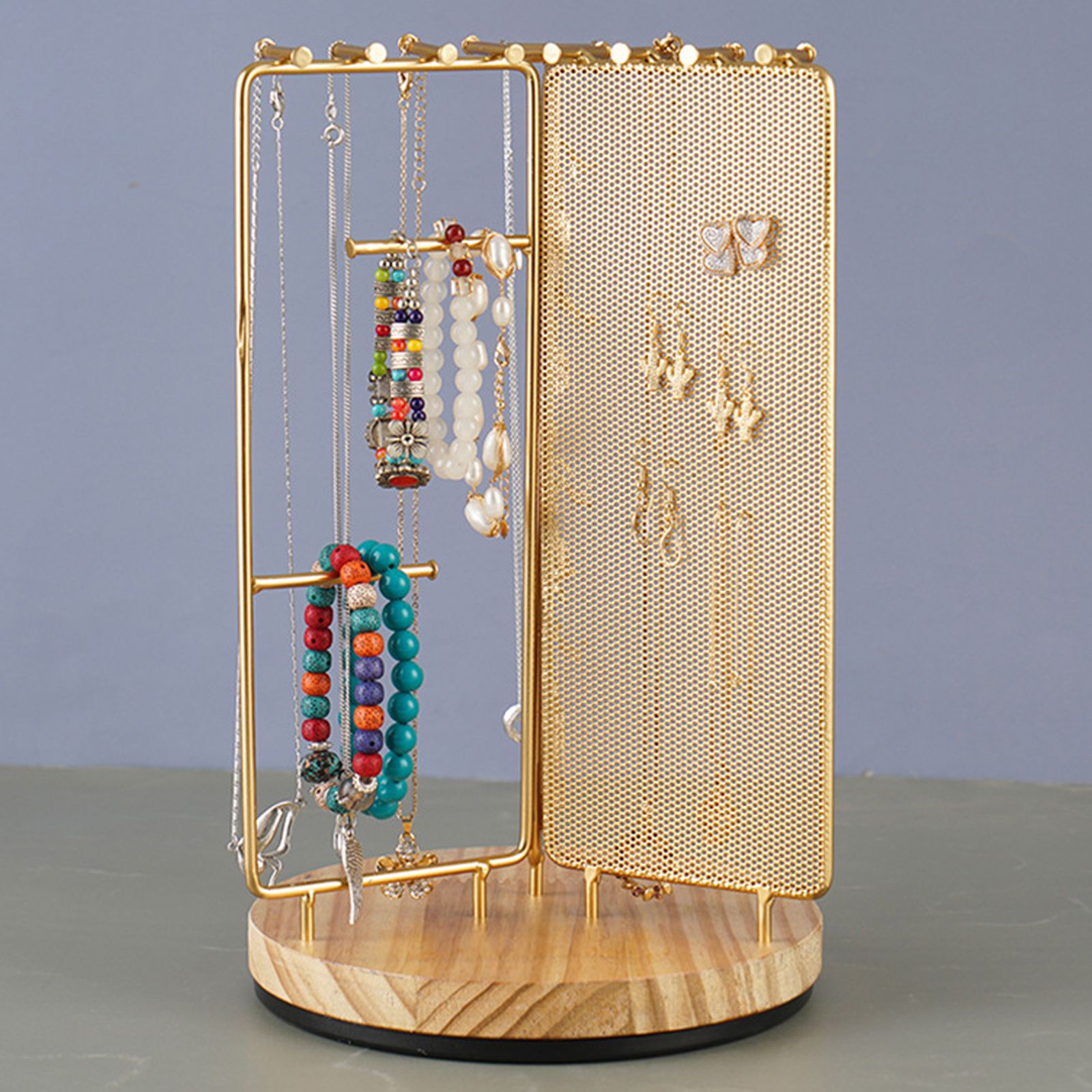 3 in 1 Jewelry Stand Display Multi Tiers Wooden Swivel Base Jewelry Display Holder for Necklace Gold - Image 5