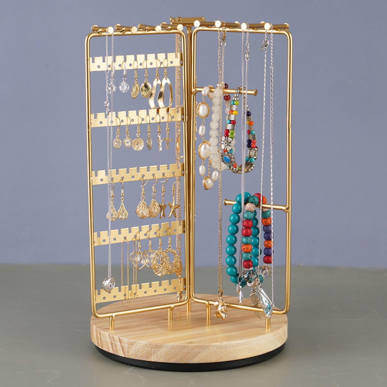 3 in 1 Jewelry Stand Display Multi Tiers Wooden Swivel Base Jewelry Display Holder for Necklace Gold - Image 6