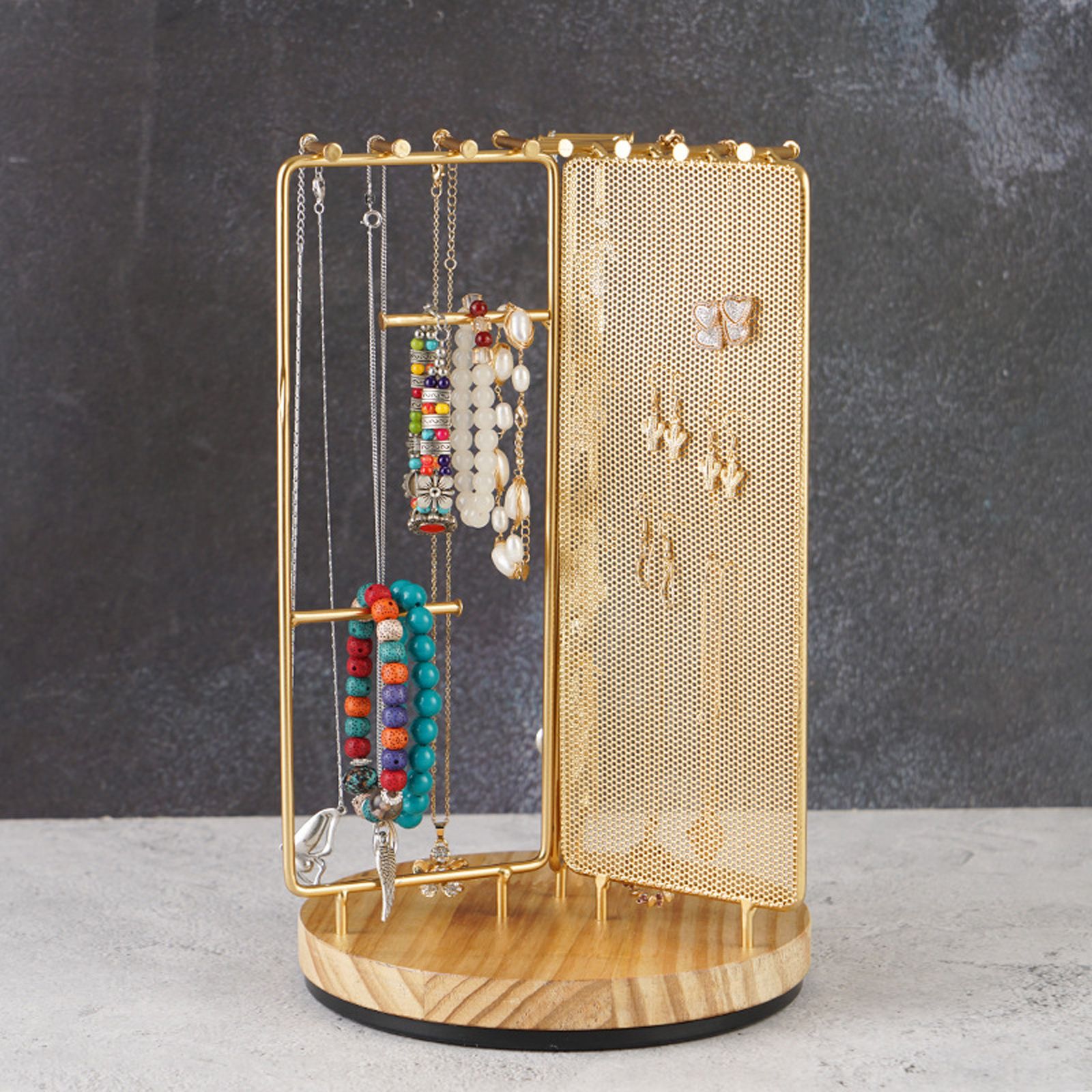 3 in 1 Jewelry Stand Display Multi Tiers Wooden Swivel Base Jewelry Display Holder for Necklace Gold - Image 7