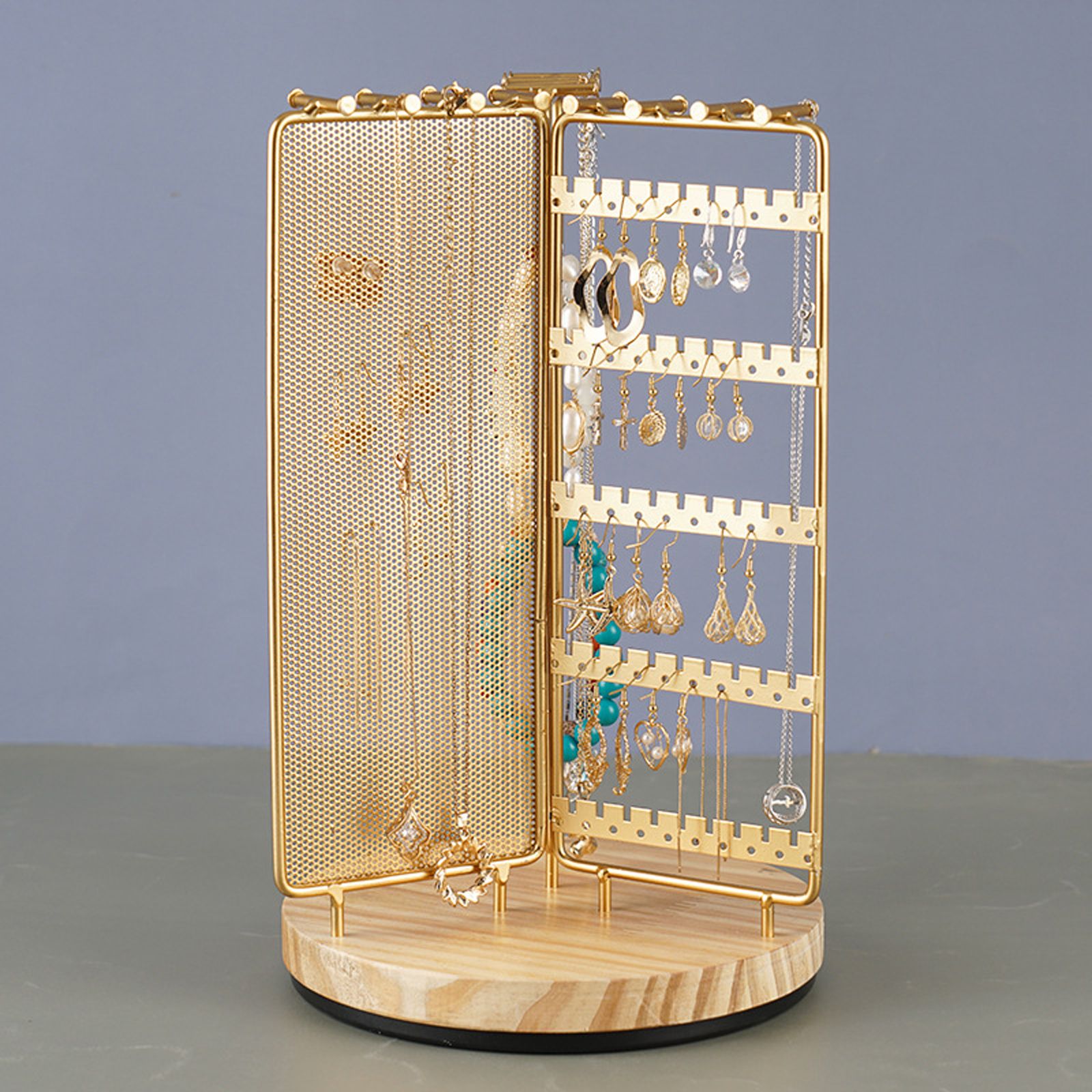 3 in 1 Jewelry Stand Display Multi Tiers Wooden Swivel Base Jewelry Display Holder for Necklace Gold - Image 8