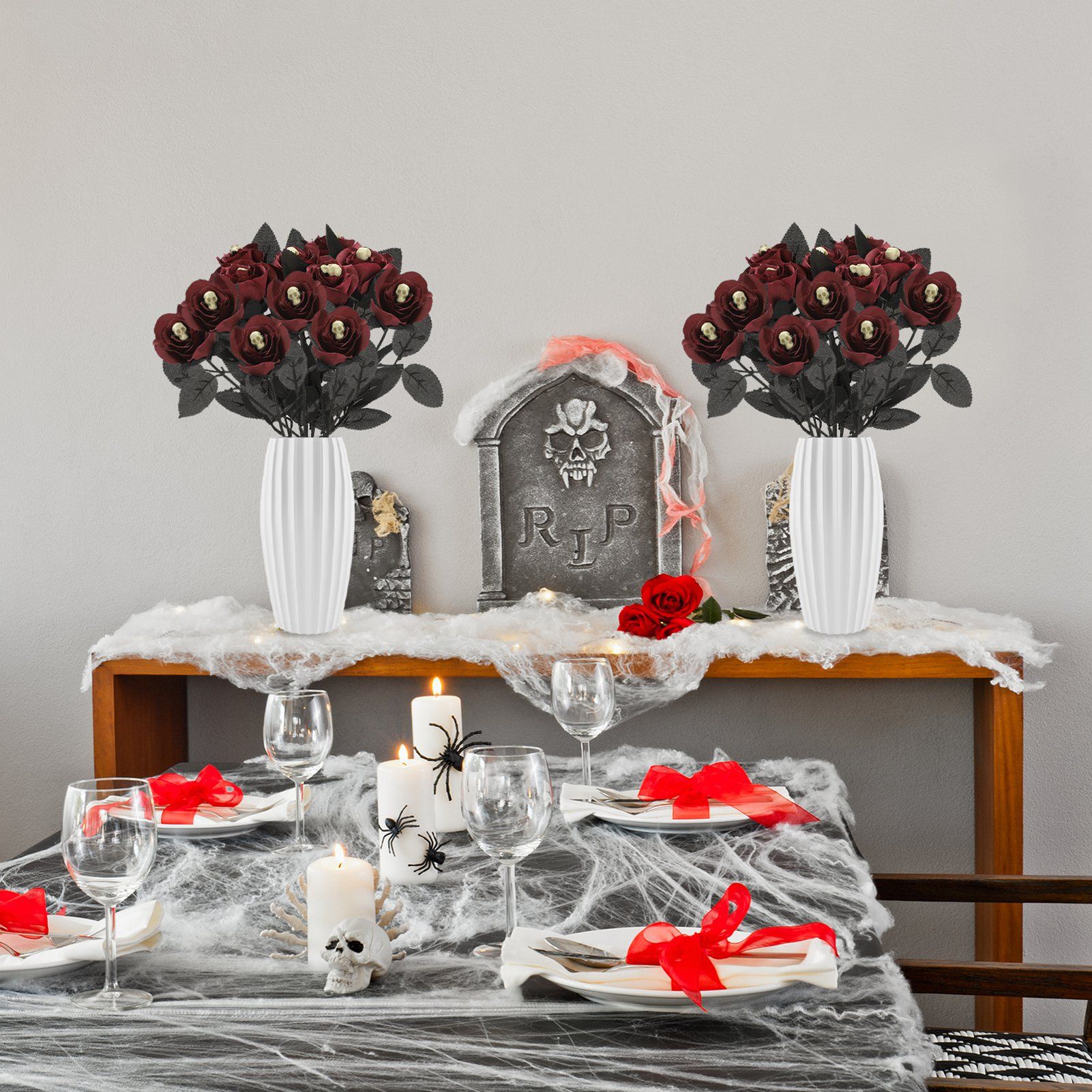 Artificial Rose Lifelike Decorative Bendable Fake Flower With Skull Head for Halloween Party - Image 6