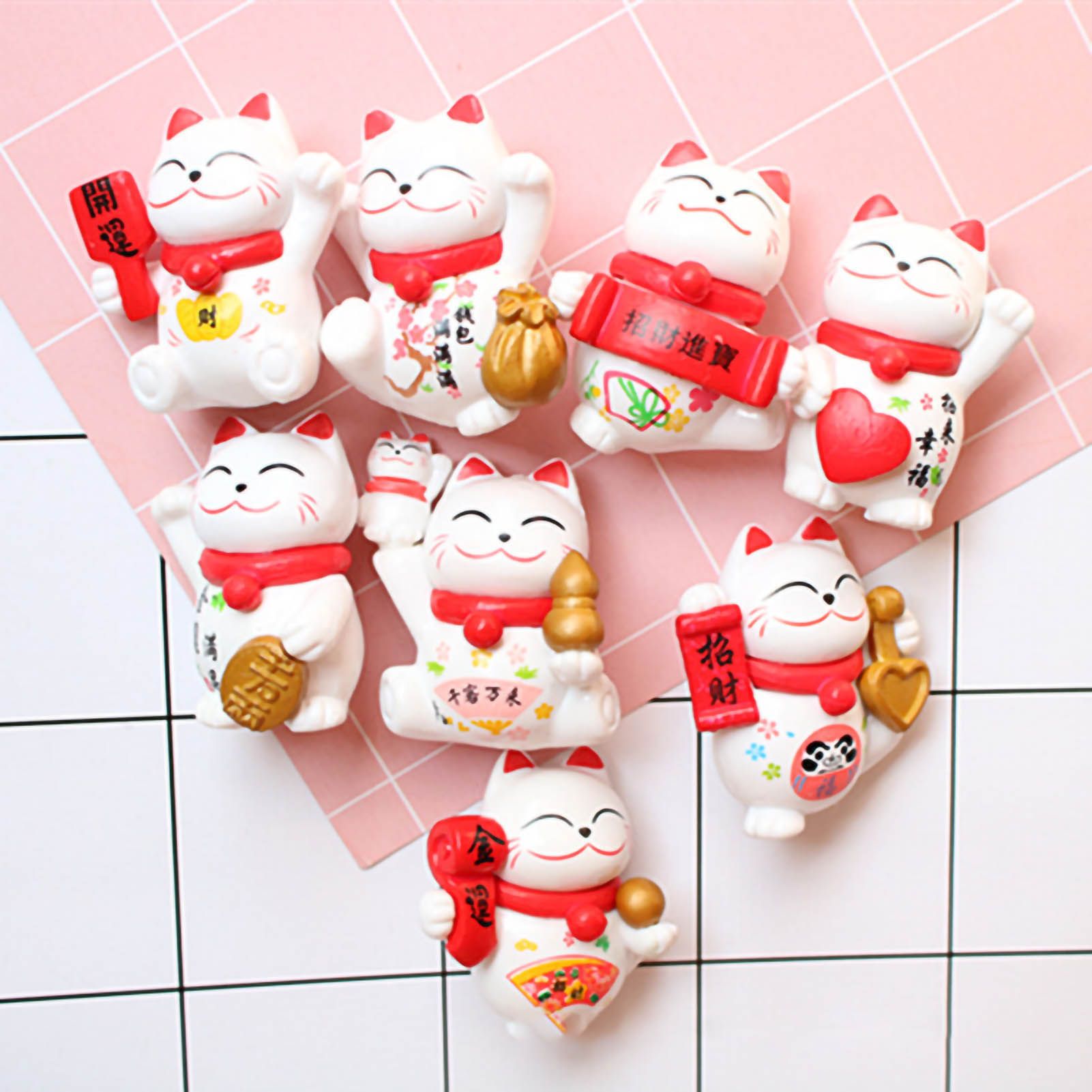 Lucky Cat Ornament Waving Arm Fortune Cat PVC Animal Figurine for Home Decoration 8Pcs in Set 8Pcs in 1 Set - Image 1
