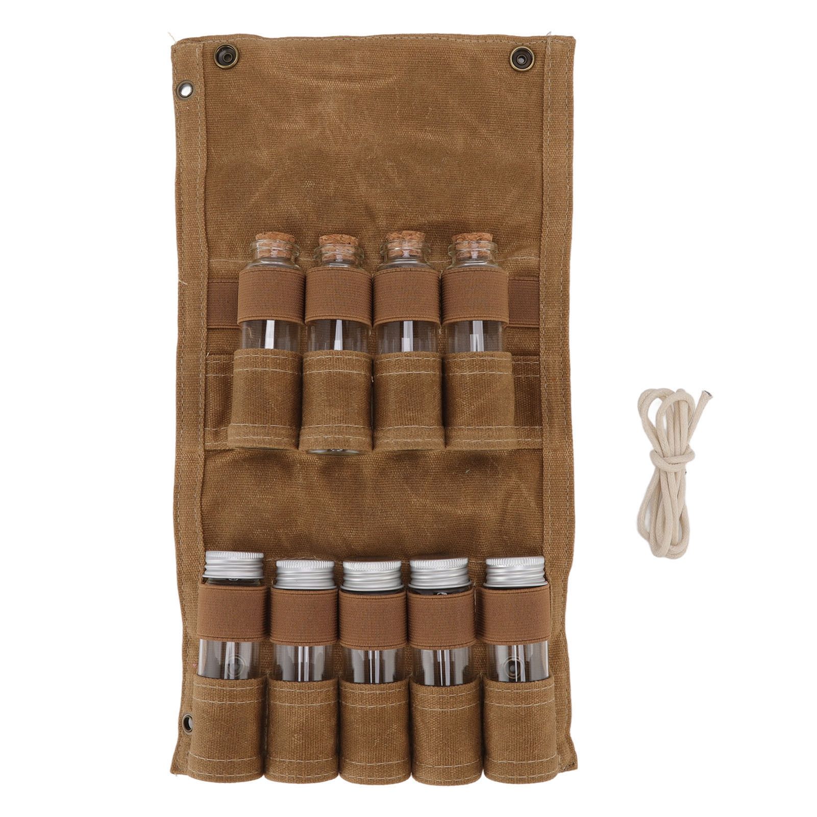 Spice Bottle Bag Wet Wax Canvas Portable Seasoning Storage Bag with 9 Glass Seasoning Bottle for Outdoor Camping Khaki - Image 1