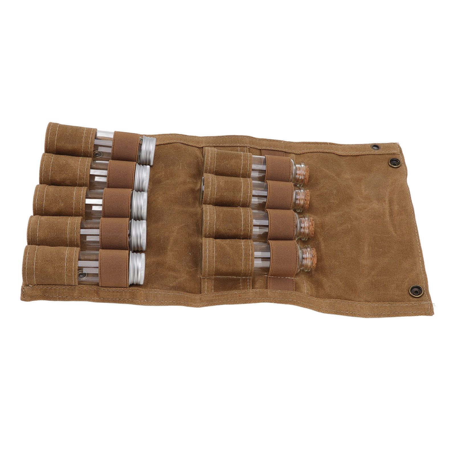 Spice Bottle Bag Wet Wax Canvas Portable Seasoning Storage Bag with 9 Glass Seasoning Bottle for Outdoor Camping Khaki - Image 5