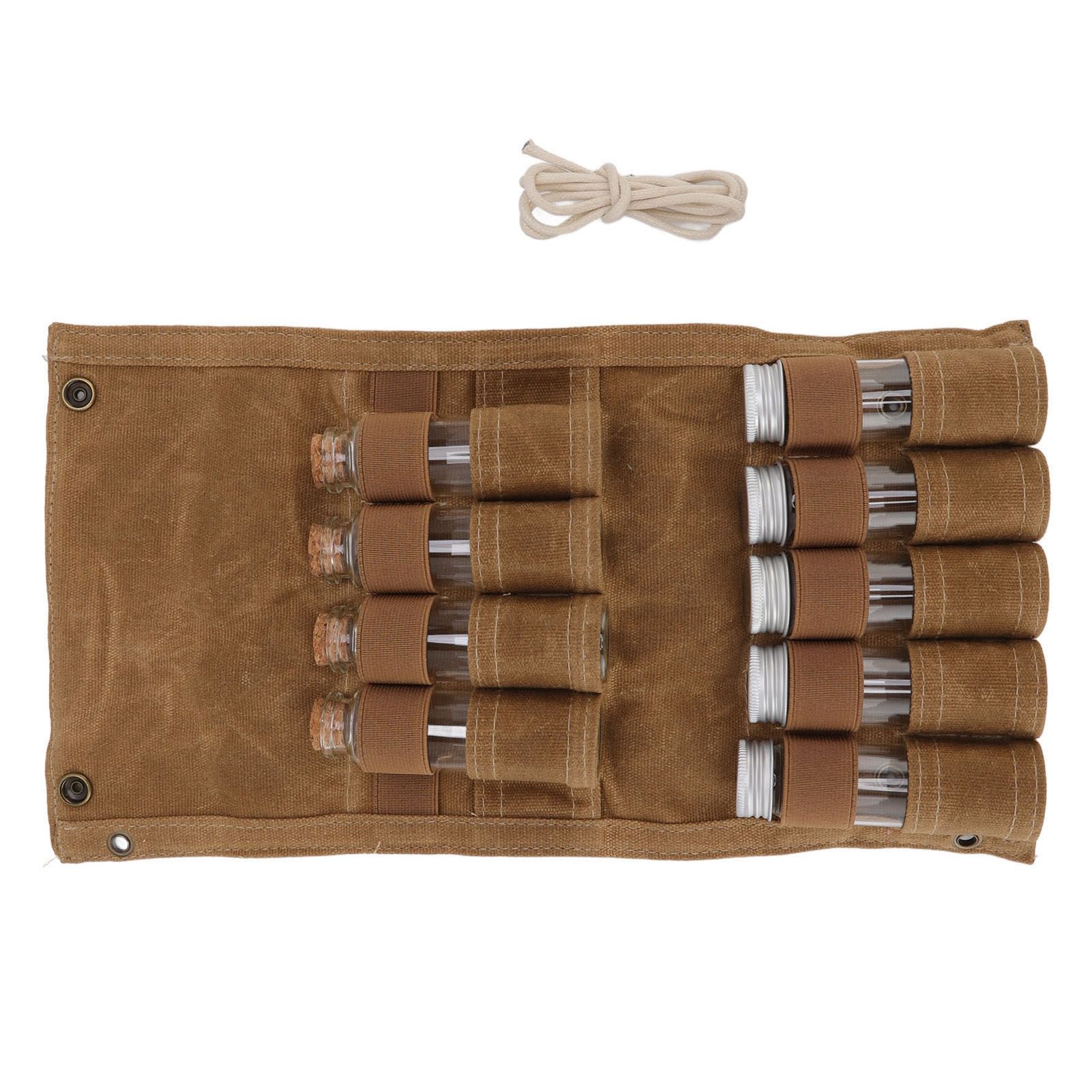 Spice Bottle Bag Wet Wax Canvas Portable Seasoning Storage Bag with 9 Glass Seasoning Bottle for Outdoor Camping Khaki - Image 8