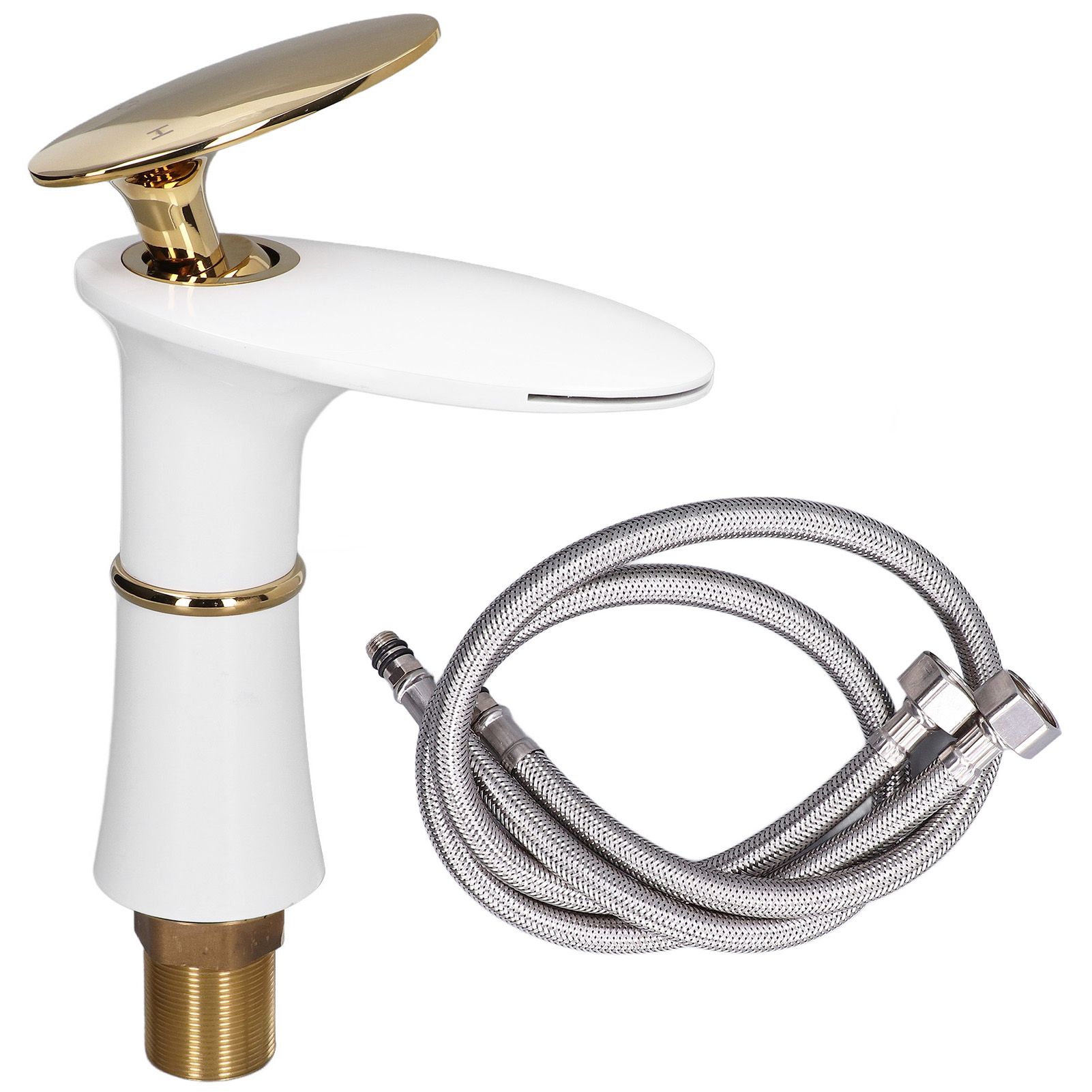 G1/2 Bathroom Faucet Washing Basin Bathroom Sink Tap Waterfall Single Hole Faucet for House Office BuildingWhite and Gold Short Style with Golden Handle - Image 1
