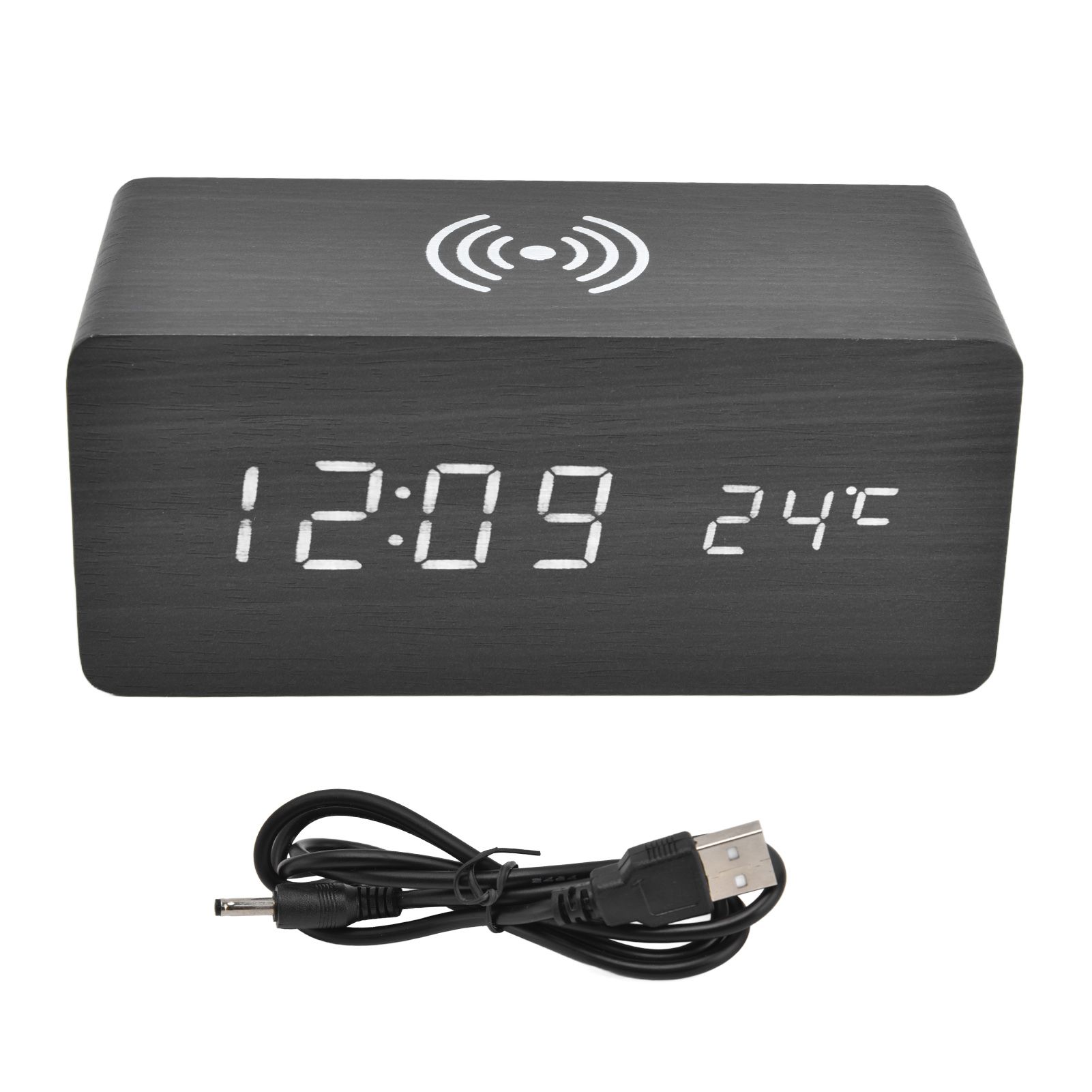 Digital Alarm Clock Wireless Charging Automatic Temperature Detection Safe Stable LED Electronic ClockBlack - Image 1