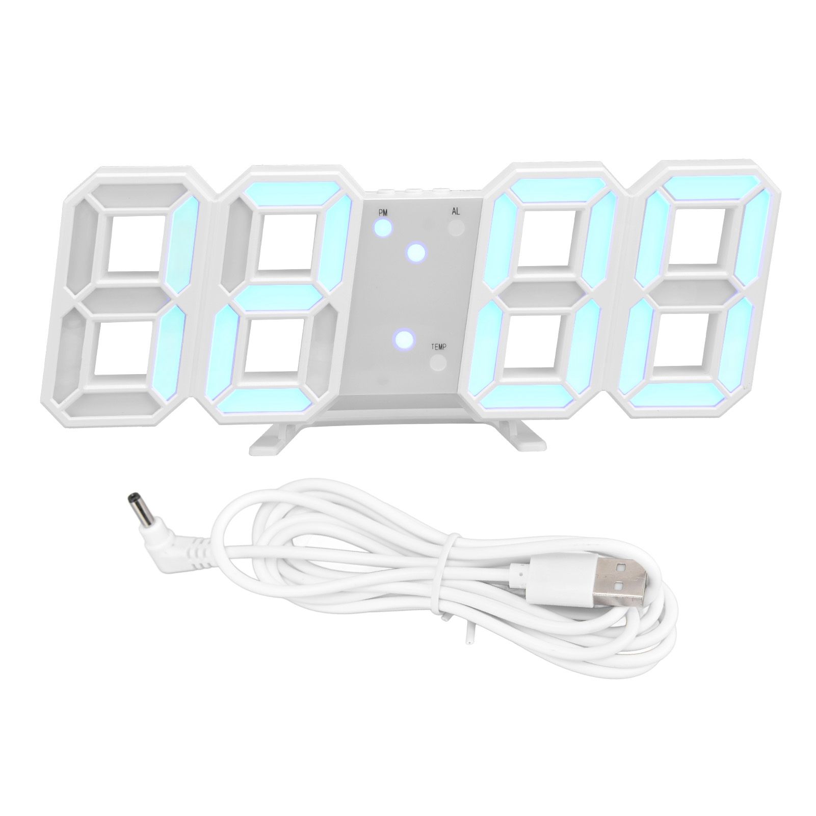 Digital Wall Clock Modern Design Temperature Display Alarm Function Sound Control Auto Sleep LED Wall ClockWhite Shell Blue Words - Image 1