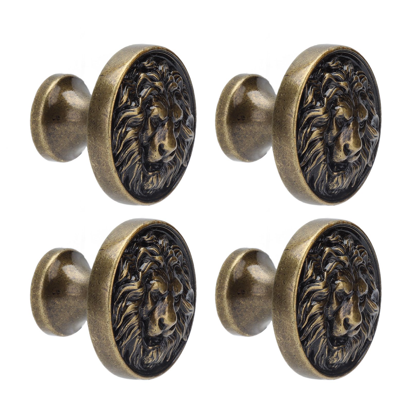 4Set Lion Head Zinc Alloy Cabinet Door Handle Modern Antique Cartoon Solid Drawer Pull Circular Single Hole Buckle Hand399 Lion Head Bronze - Image 2