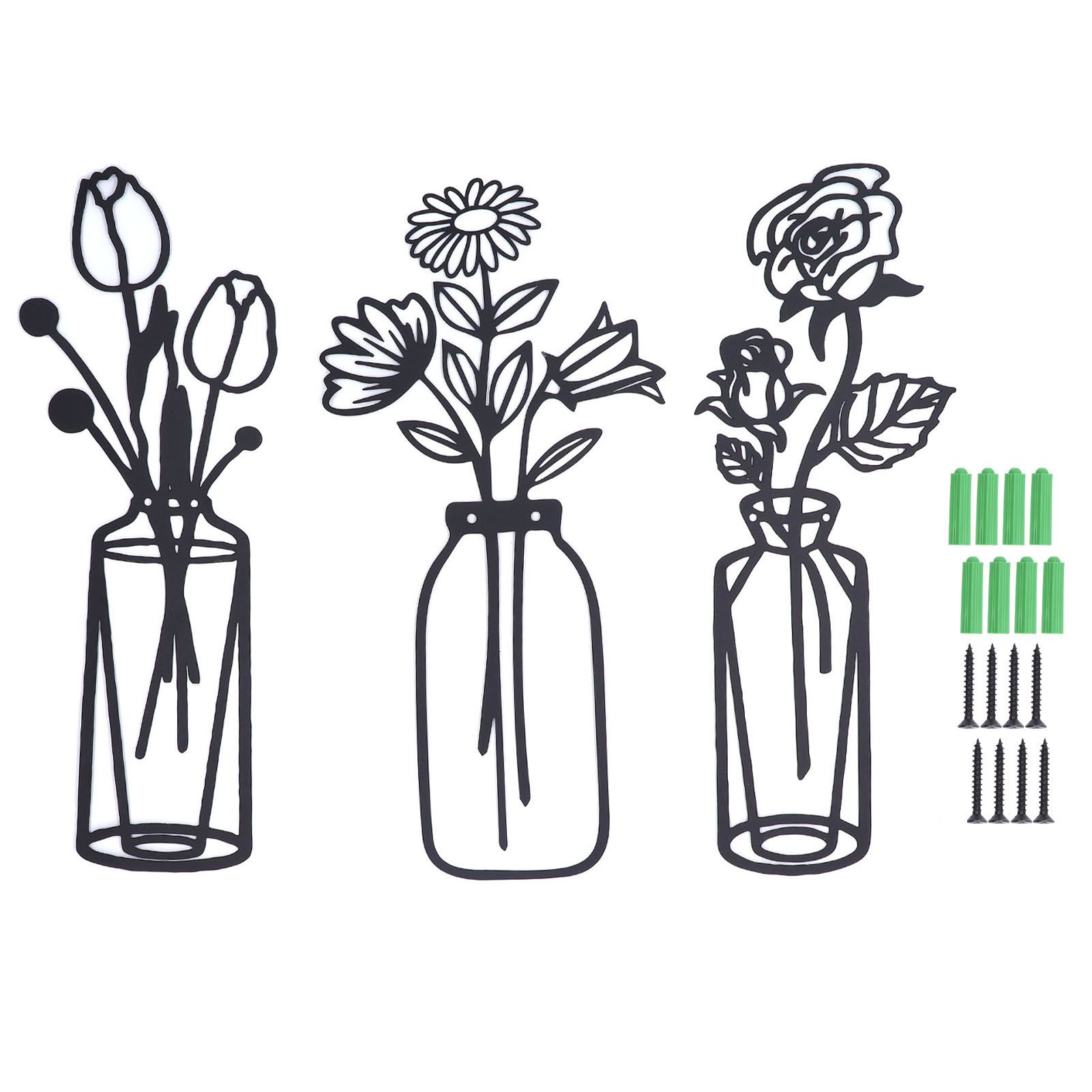 3Pcs Metal Vase Flowers Wall Art Elegant Prevent Rust Easy to Install Iron Flower Wall Art for Indoor Decoration - Image 1