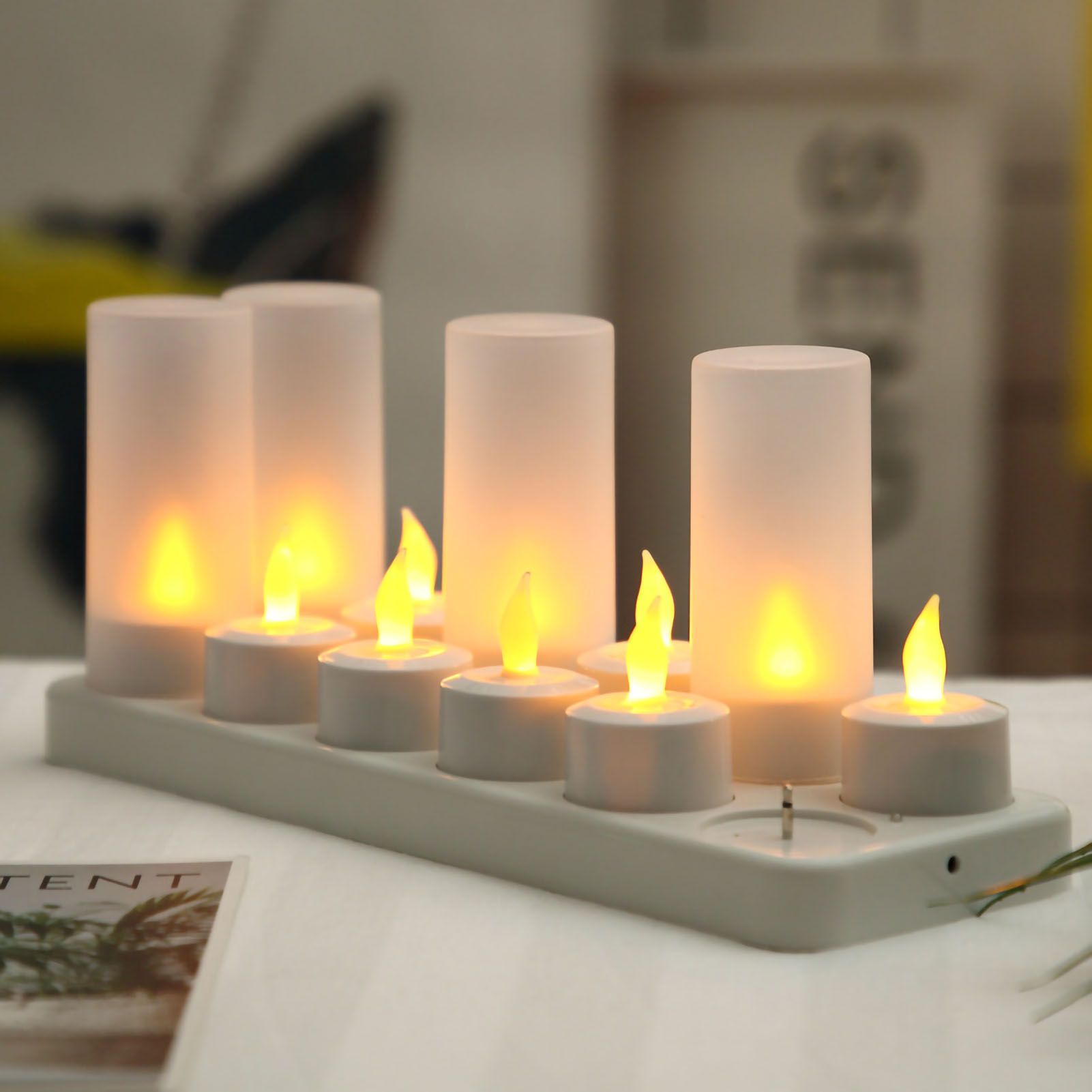 LED Candles Light Rechargeable Lifelike Decorative Electronic Candles for Party Wedding Living Room 12 Mounts with Cups, Yellow Light Flashing - Image 2