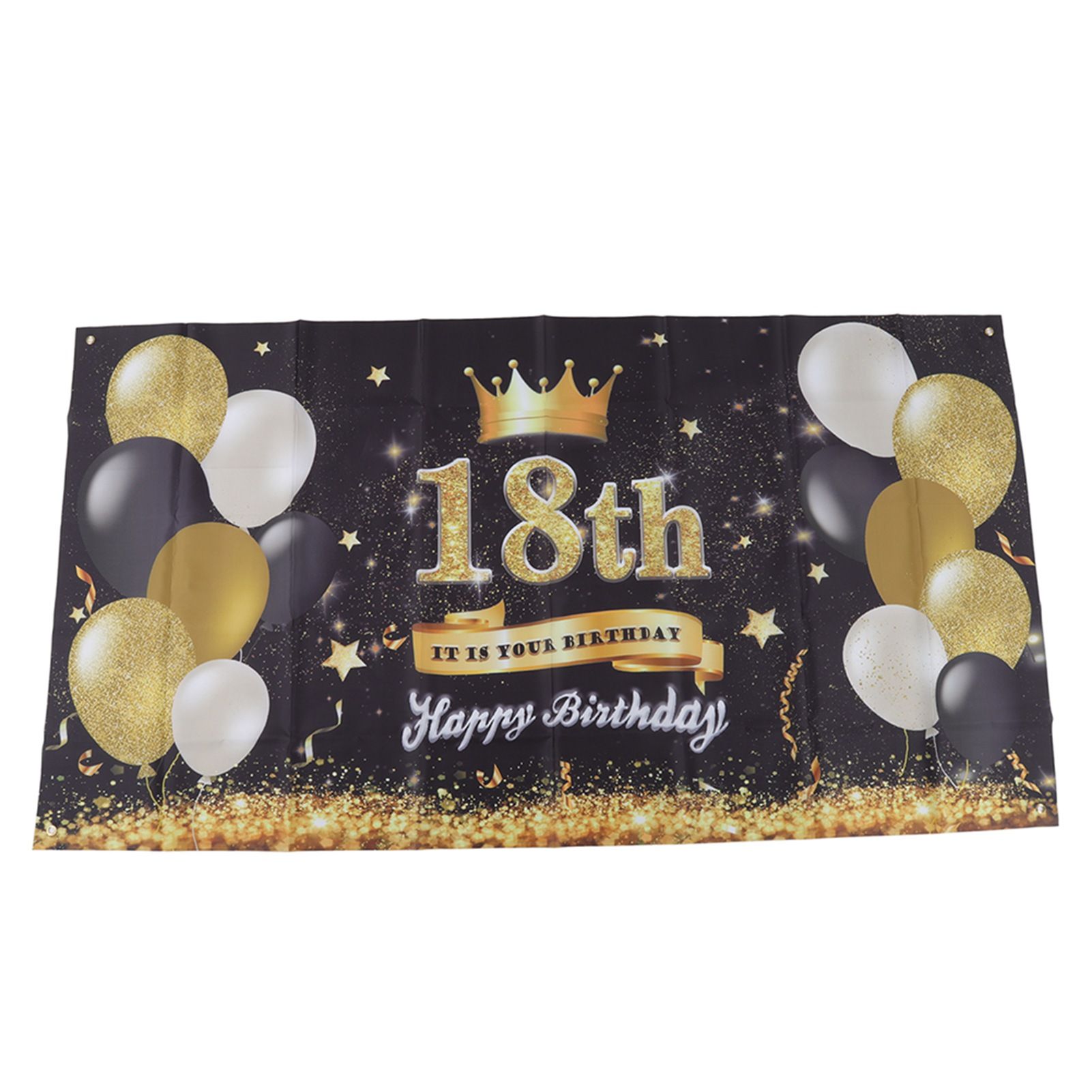 Happy 18th Birthday Backdrop Black Gold 180x99cm Reusable Happy Birthday Decorations with 4 Grommets - Image 1