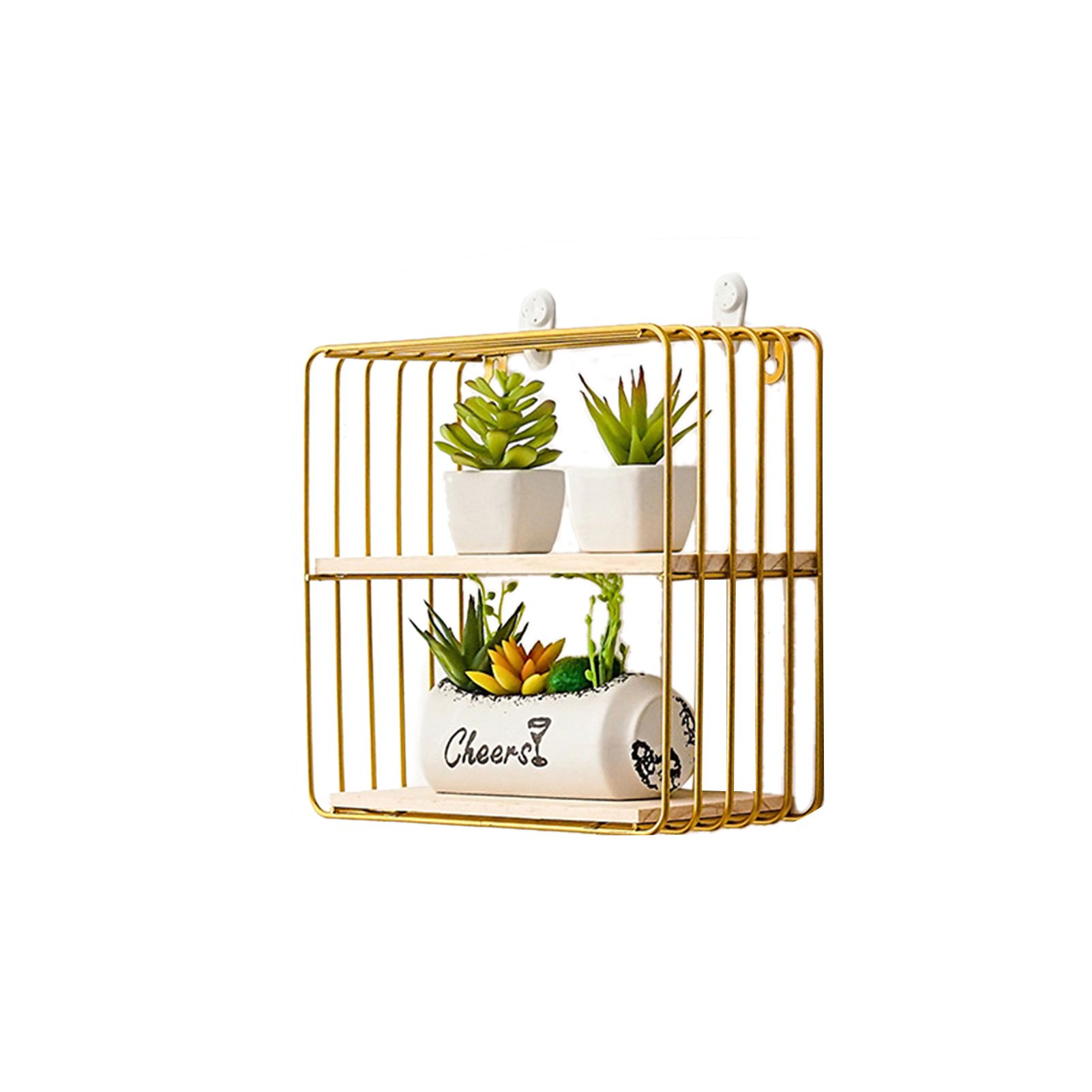 Wooden Iron Wall Shelf Living Room Kitchen Bathroom Elegant Exquisite Wall Mounted Storage Shelf Square Double Layer Golden - Image 1