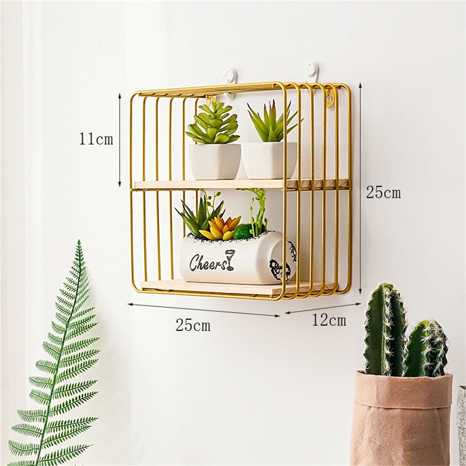 Wooden Iron Wall Shelf Living Room Kitchen Bathroom Elegant Exquisite Wall Mounted Storage Shelf Square Double Layer Golden - Image 2