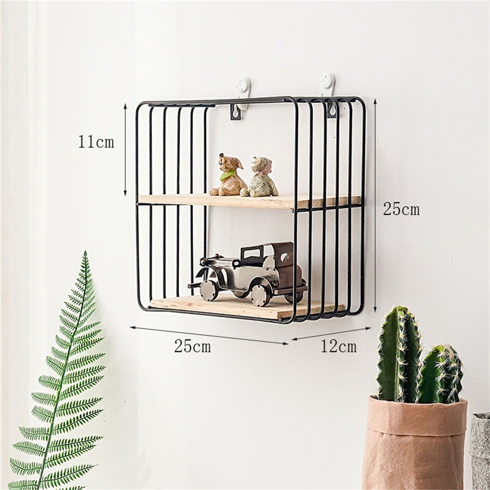 Wooden Iron Wall Shelf Living Room Kitchen Bathroom Elegant Exquisite Wall Mounted Storage Shelf Square Double Layer Black - Image 2