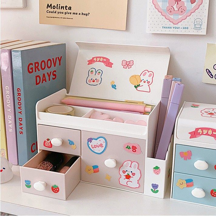 Desktop Storage Box Cute Plastic Drawer Desktop Storage Box Large Capacity Cosmetic Box for Office Home Light Pink - Image 2