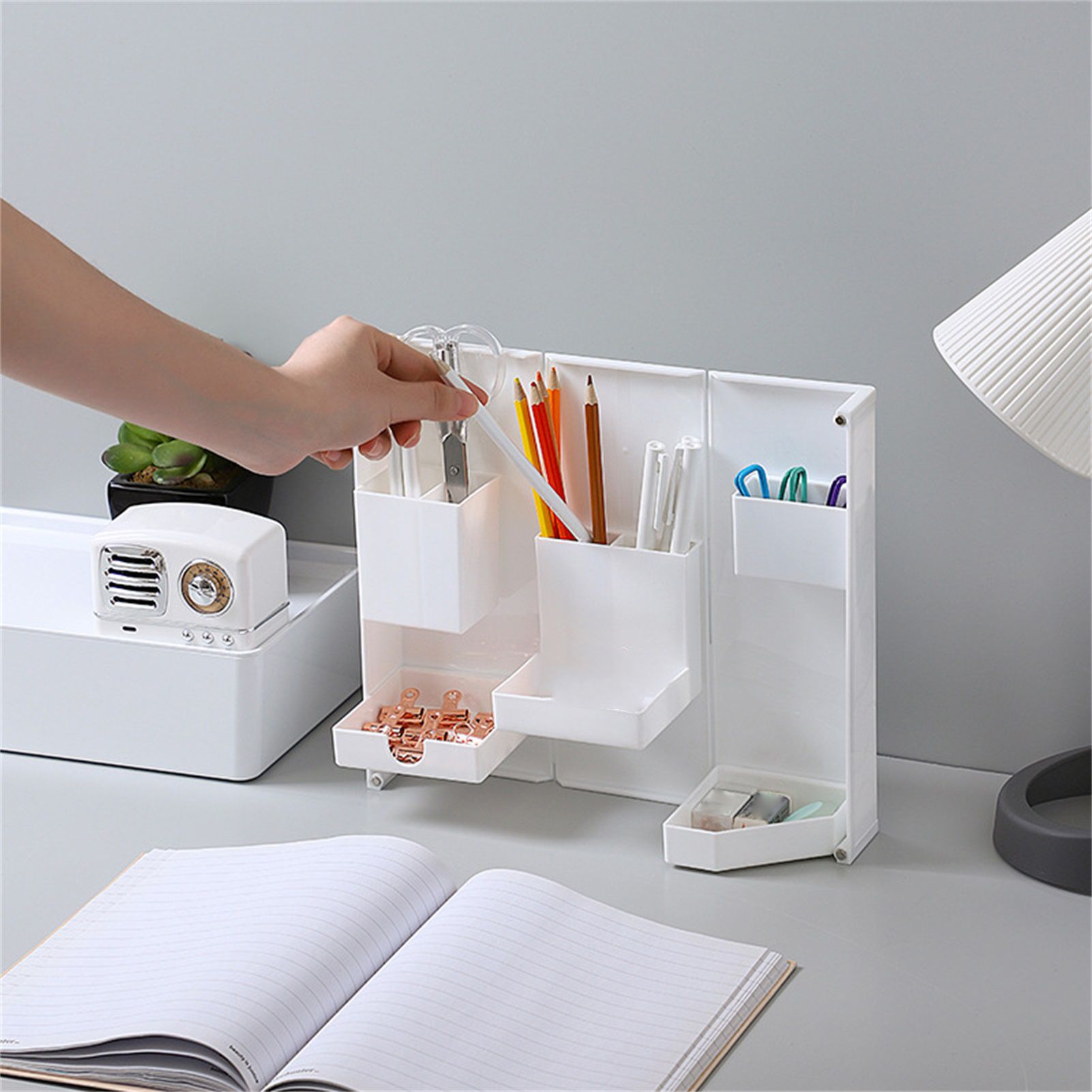 Folding Standable Stationery Box Office Pencil Holder Desktop Magnetic Plastic Makeup Case White - Image 2