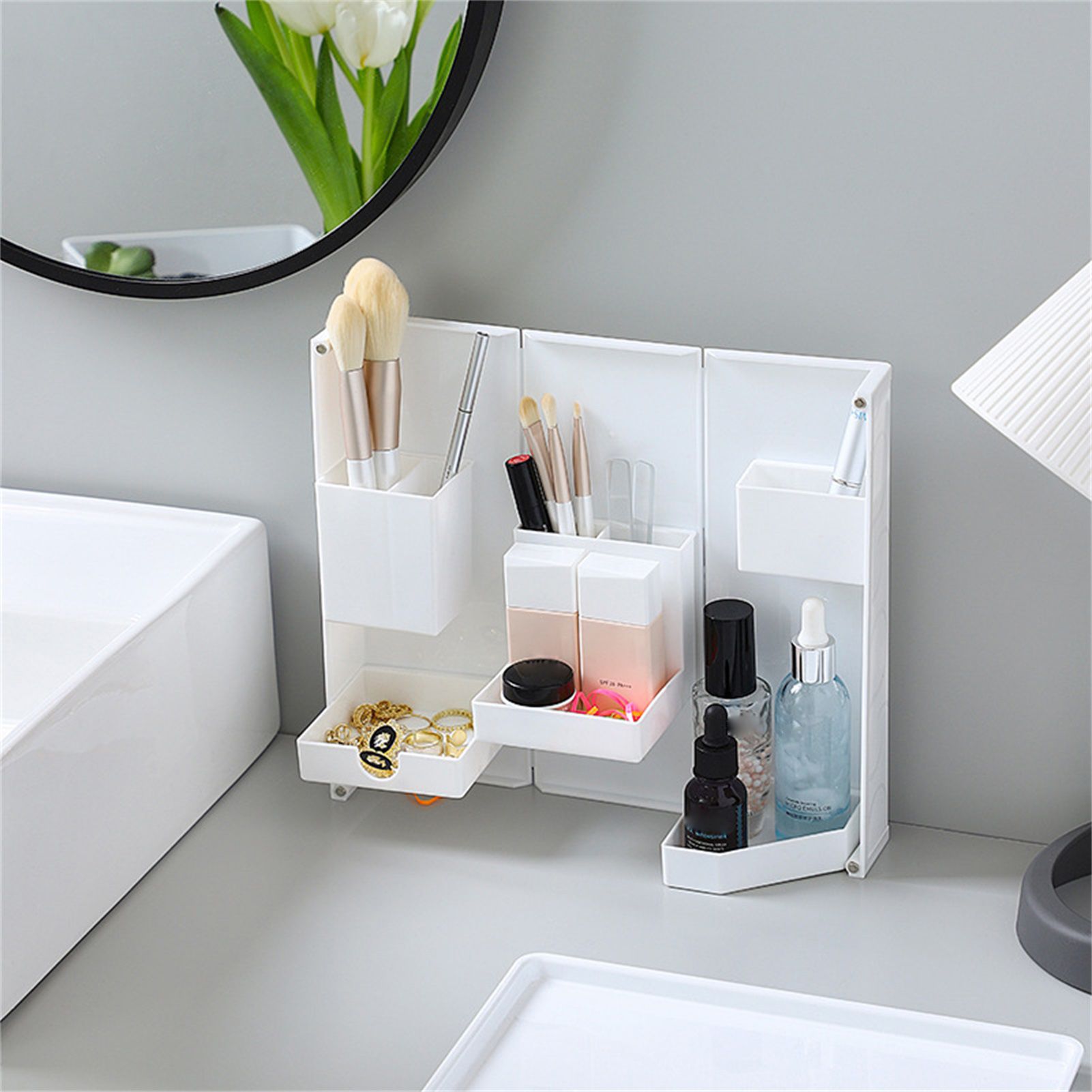 Folding Standable Stationery Box Office Pencil Holder Desktop Magnetic Plastic Makeup Case White - Image 3