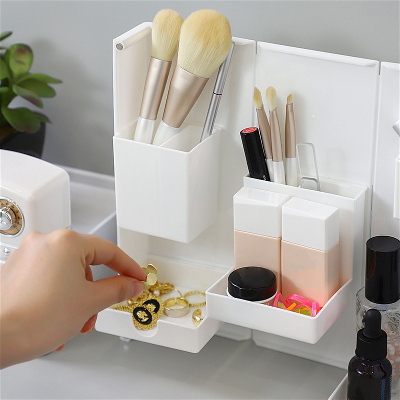 Folding Standable Stationery Box Office Pencil Holder Desktop Magnetic Plastic Makeup Case White - Image 4