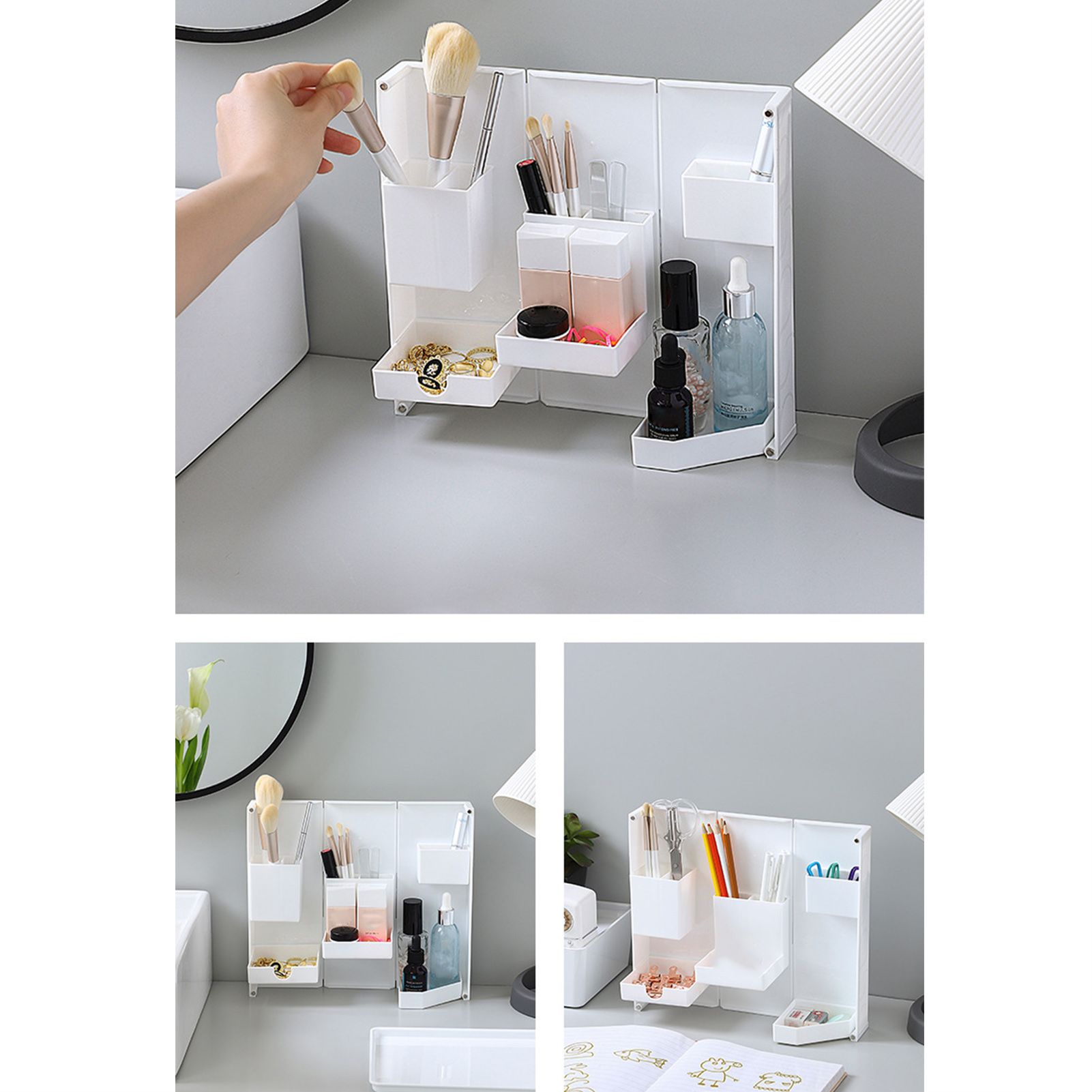 Folding Standable Stationery Box Office Pencil Holder Desktop Magnetic Plastic Makeup Case White - Image 8