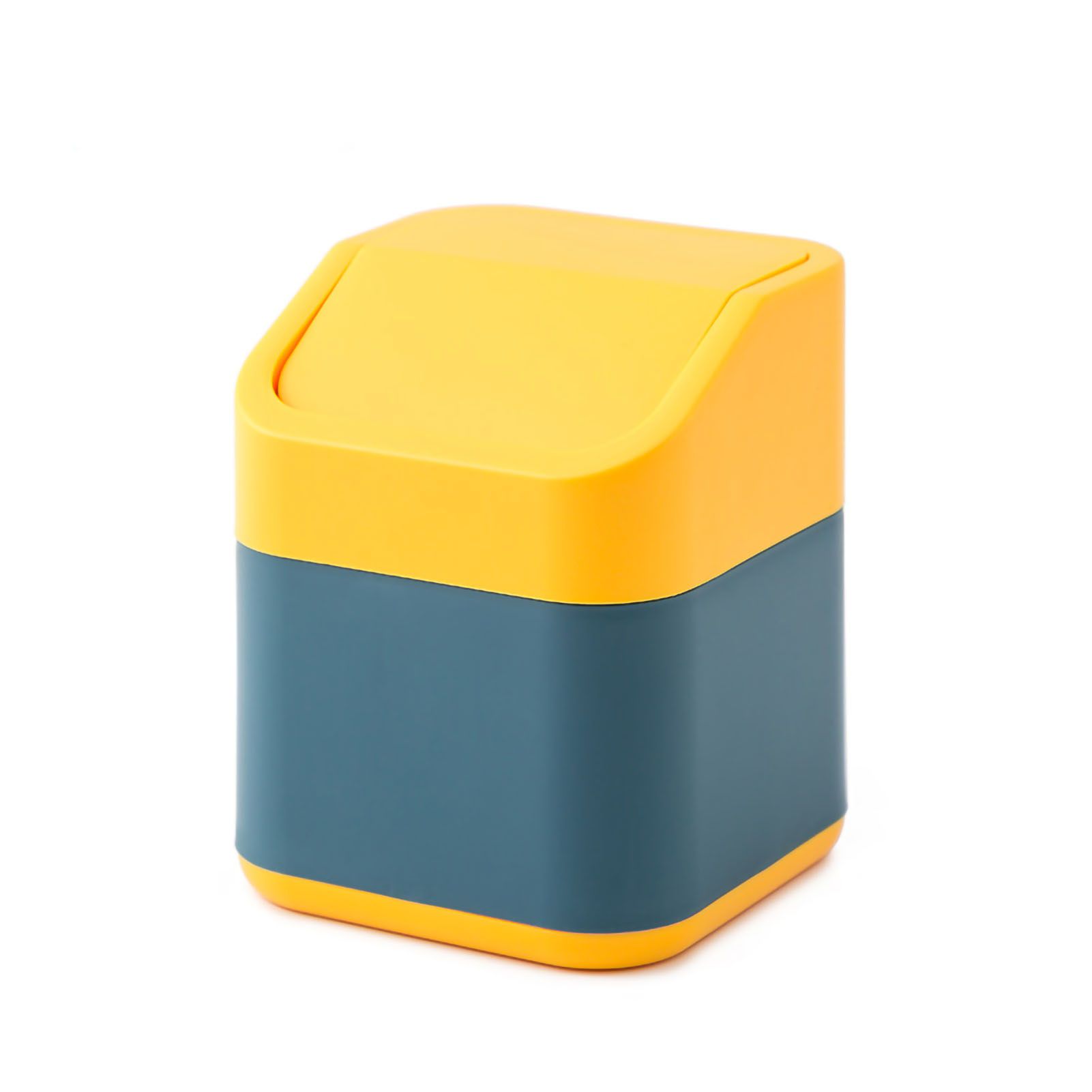 Desktop Trash Can Cute Drop Resistant Portable Tiny Desktop Garbage Bin with Detachable Lid for Car and Home Flip [Yellow Navy] - Image 1