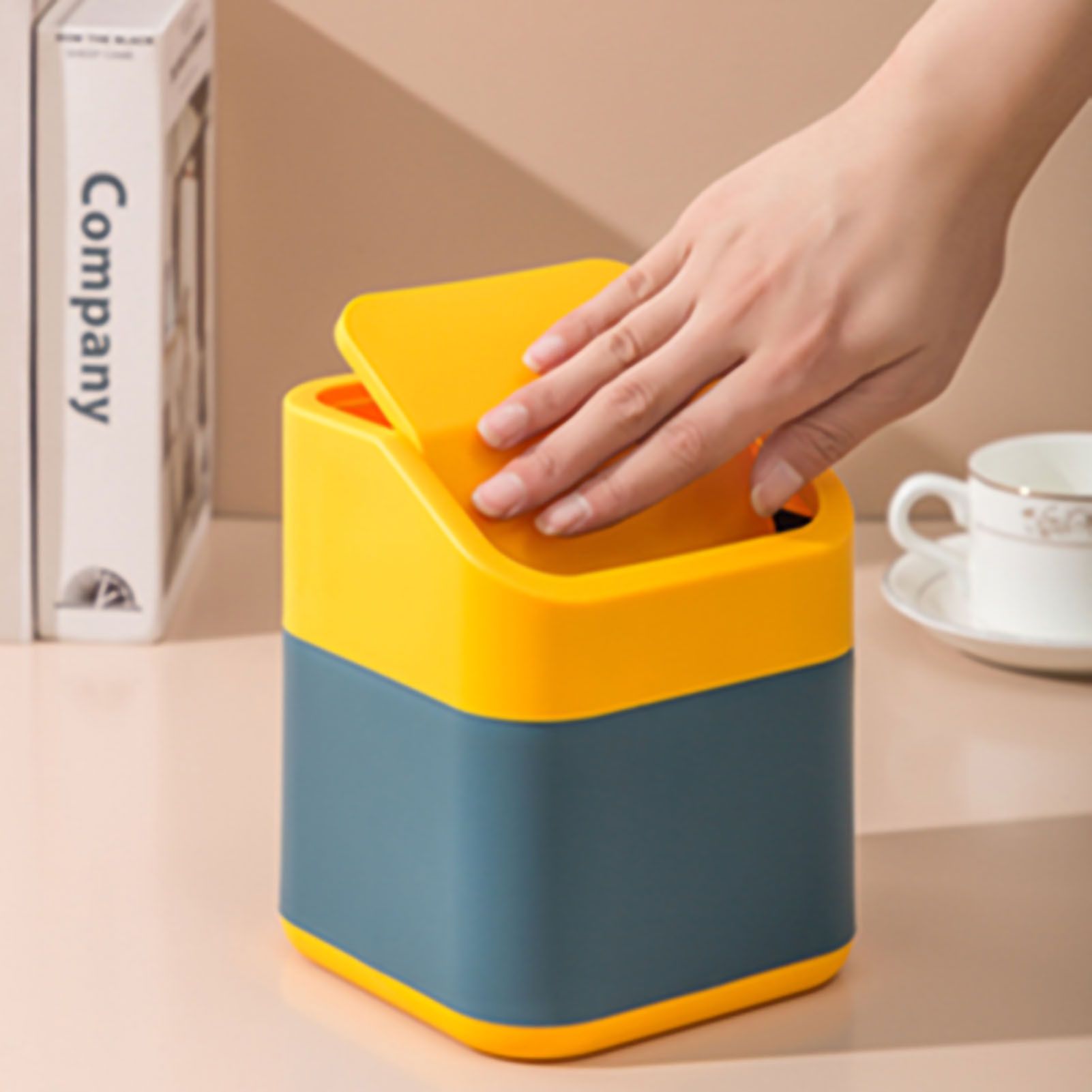 Desktop Trash Can Cute Drop Resistant Portable Tiny Desktop Garbage Bin with Detachable Lid for Car and Home Flip [Yellow Navy] - Image 2