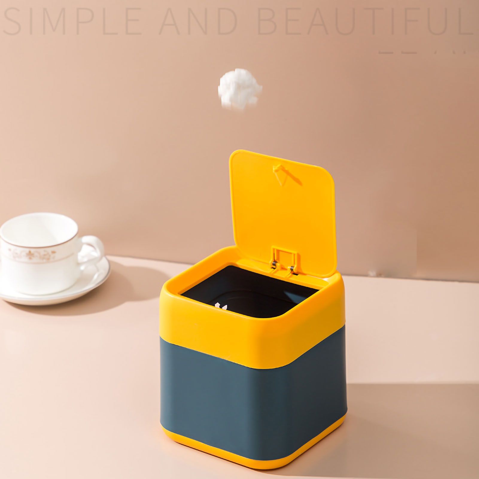 Desktop Trash Can Cute Drop Resistant Portable Tiny Desktop Garbage Bin with Detachable Lid for Car and Home Flip [Yellow Navy] - Image 3