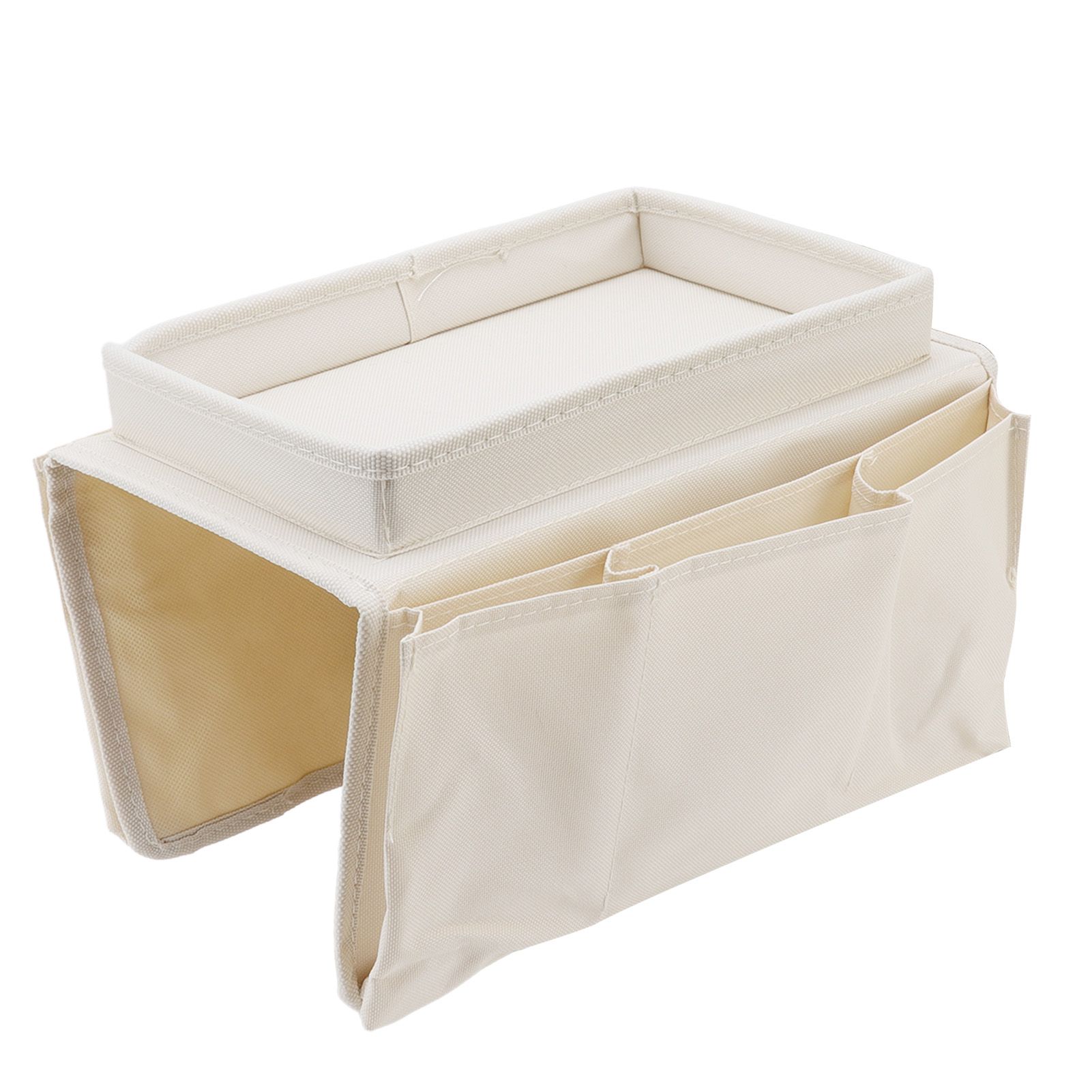 Sofa Tray Folding Arm Storage Holder Table 600D Oxford Cloth Side Pockets for Couch Beige - Image 3