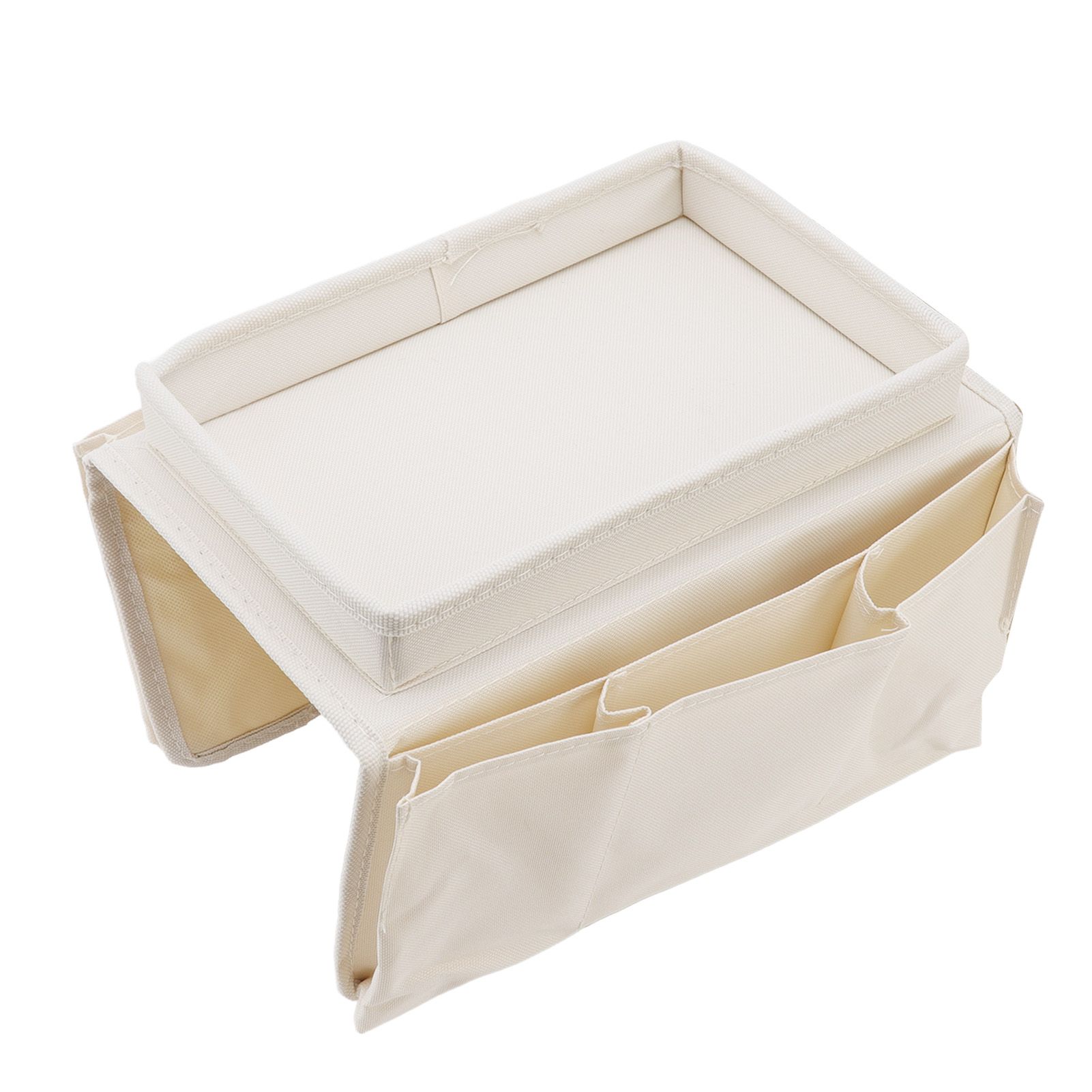 Sofa Tray Folding Arm Storage Holder Table 600D Oxford Cloth Side Pockets for Couch Beige - Image 4