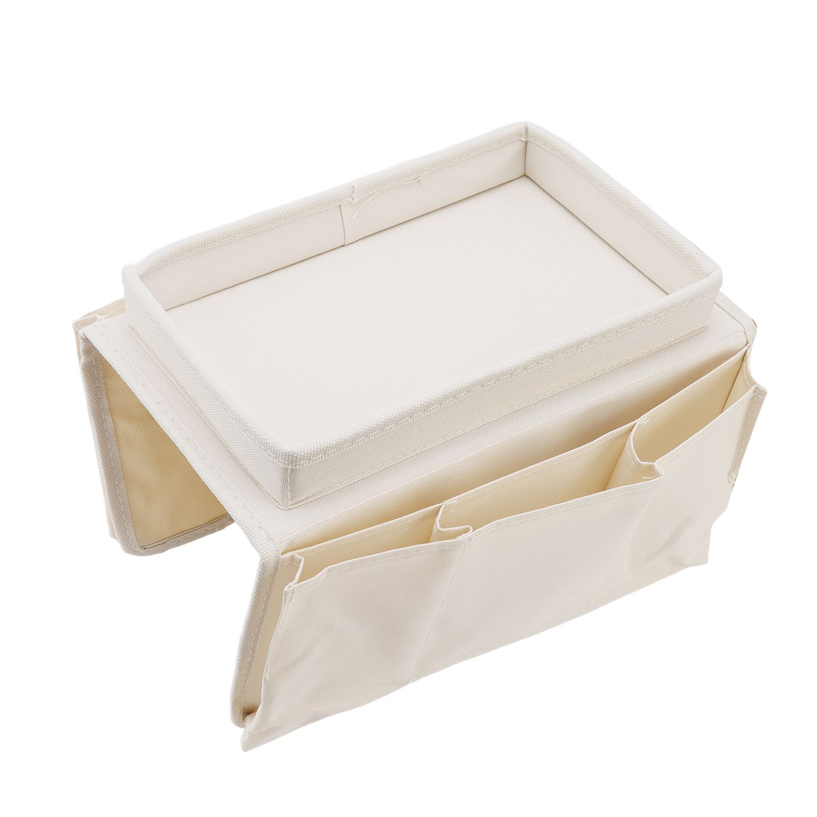 Sofa Tray Folding Arm Storage Holder Table 600D Oxford Cloth Side Pockets for Couch Beige - Image 5