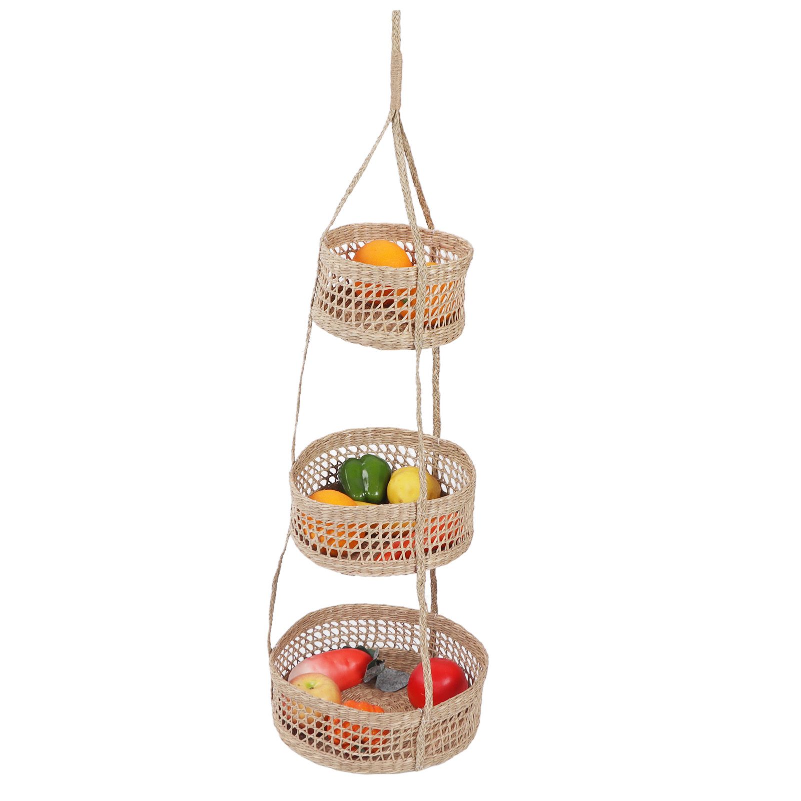 Hanging Fruit Basket Rattan 3 Tiers Multifunctional Foldable Elegant Style Easy Installation Hanging Produce Basket - Image 3