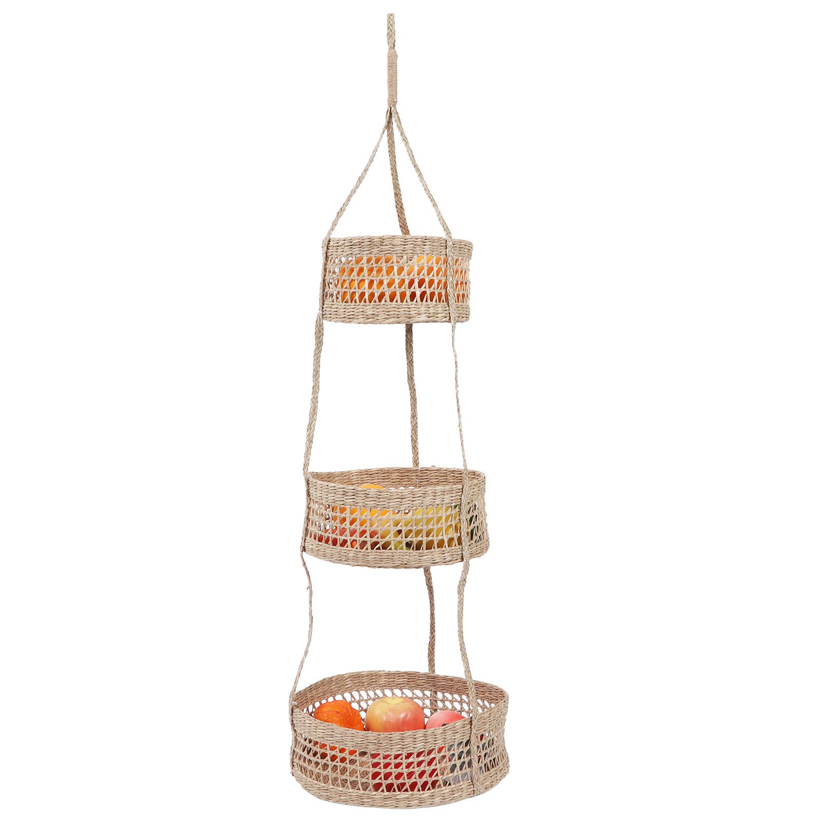 Hanging Fruit Basket Rattan 3 Tiers Multifunctional Foldable Elegant Style Easy Installation Hanging Produce Basket - Image 4