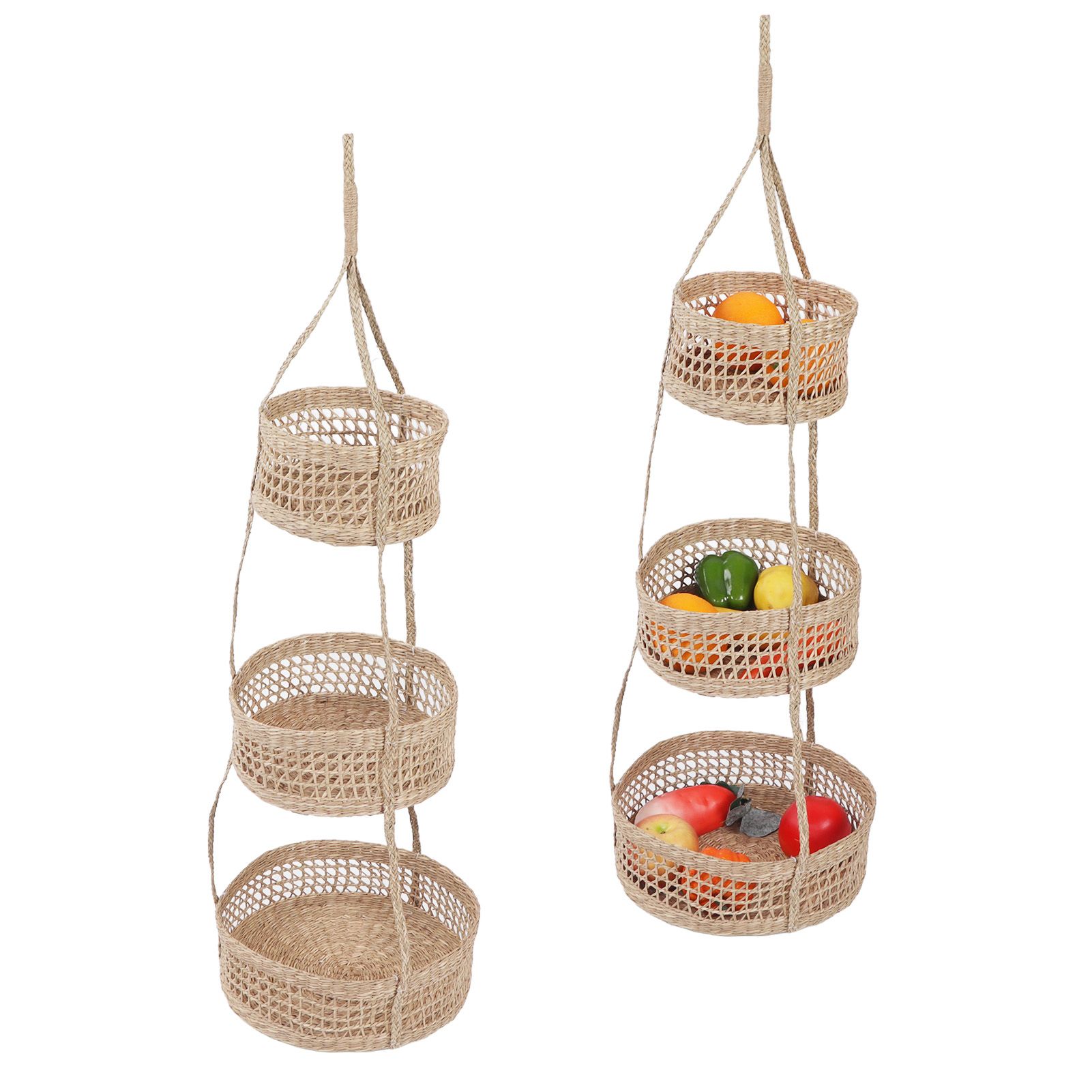 Hanging Fruit Basket Rattan 3 Tiers Multifunctional Foldable Elegant Style Easy Installation Hanging Produce Basket - Image 7