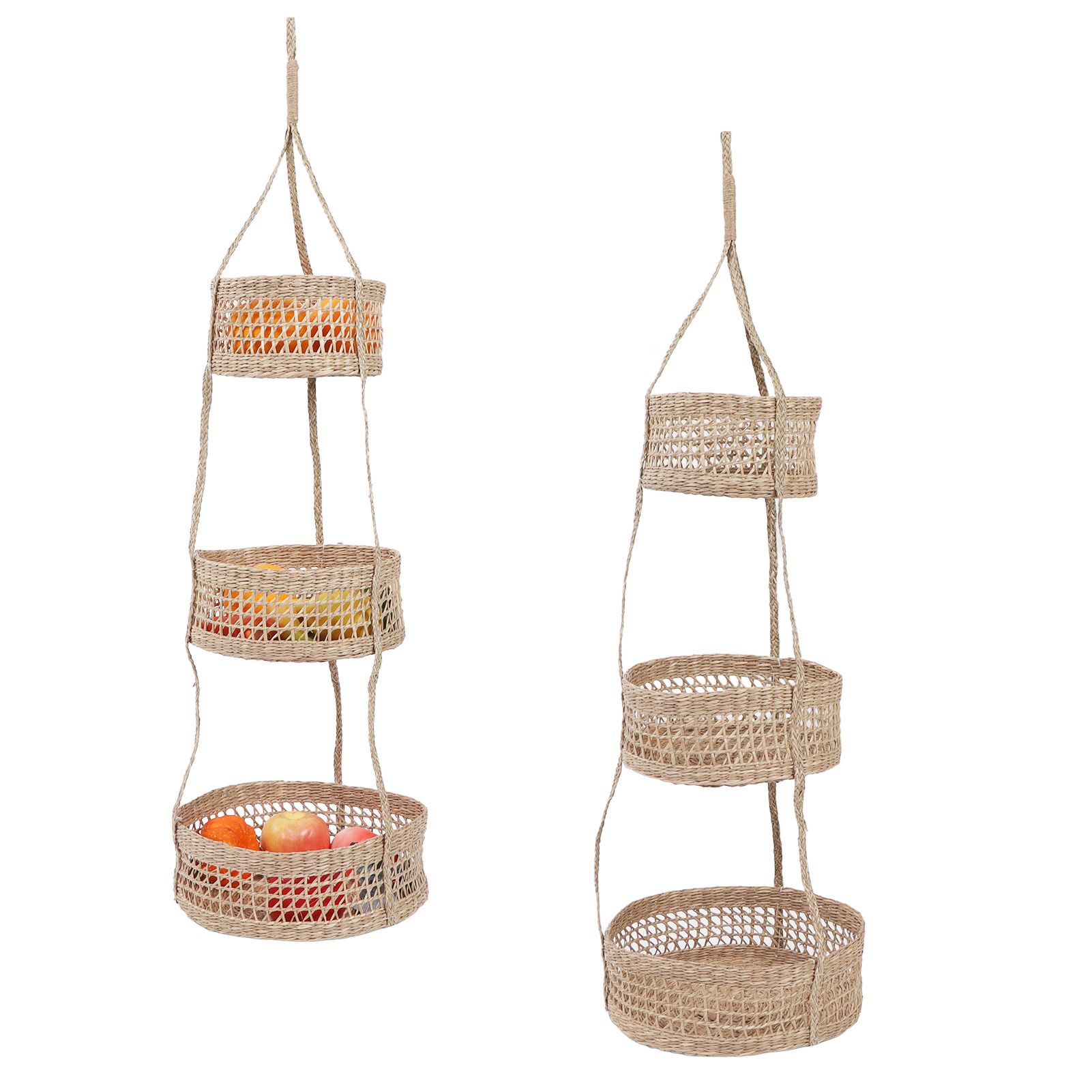 Hanging Fruit Basket Rattan 3 Tiers Multifunctional Foldable Elegant Style Easy Installation Hanging Produce Basket - Image 8