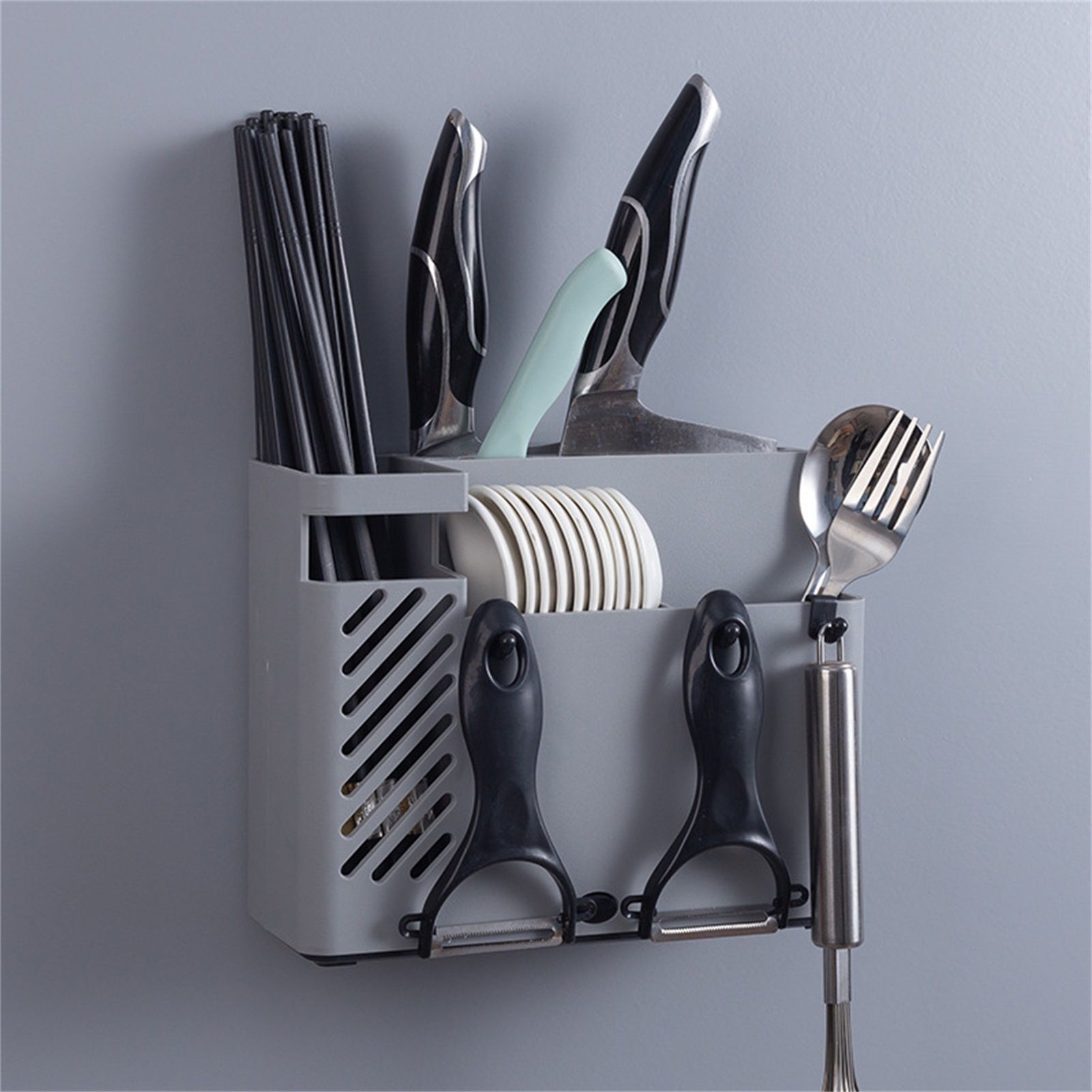 Cutlery Holder Multifunctional Wall Mounted Chopsticks Drying Rack for Home Kitchen Grey - Image 5